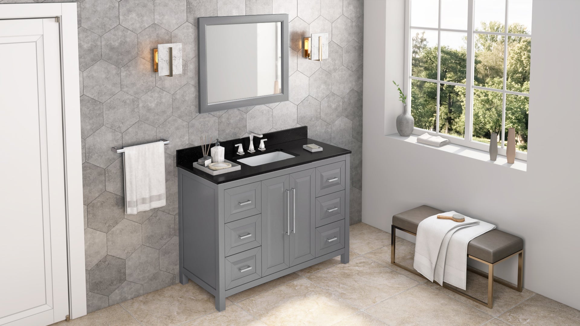 48" Grey Cade Vanity, Black Granite Vanity Top, undermount rectangle bowl