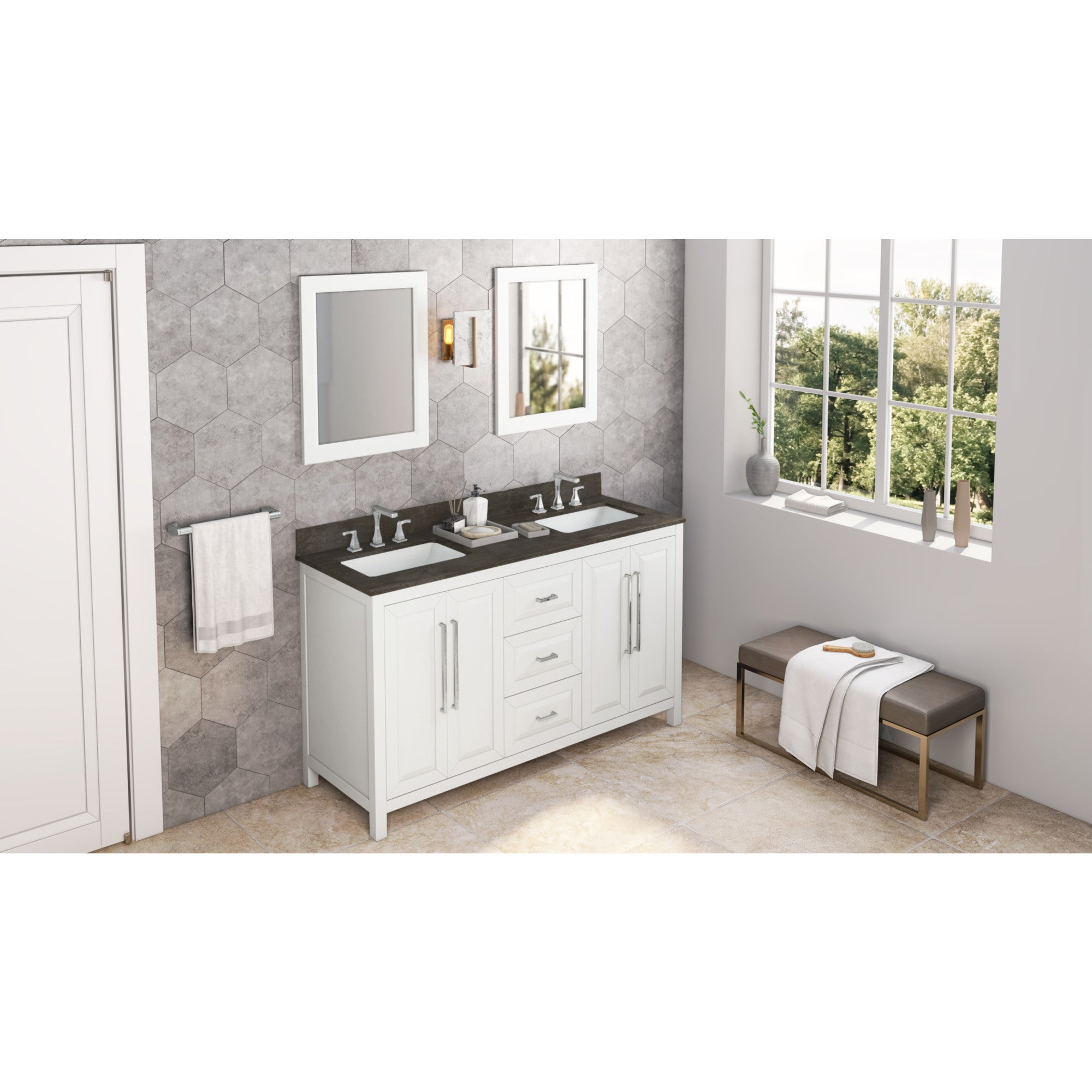 60" White Cade Vanity, double bowl