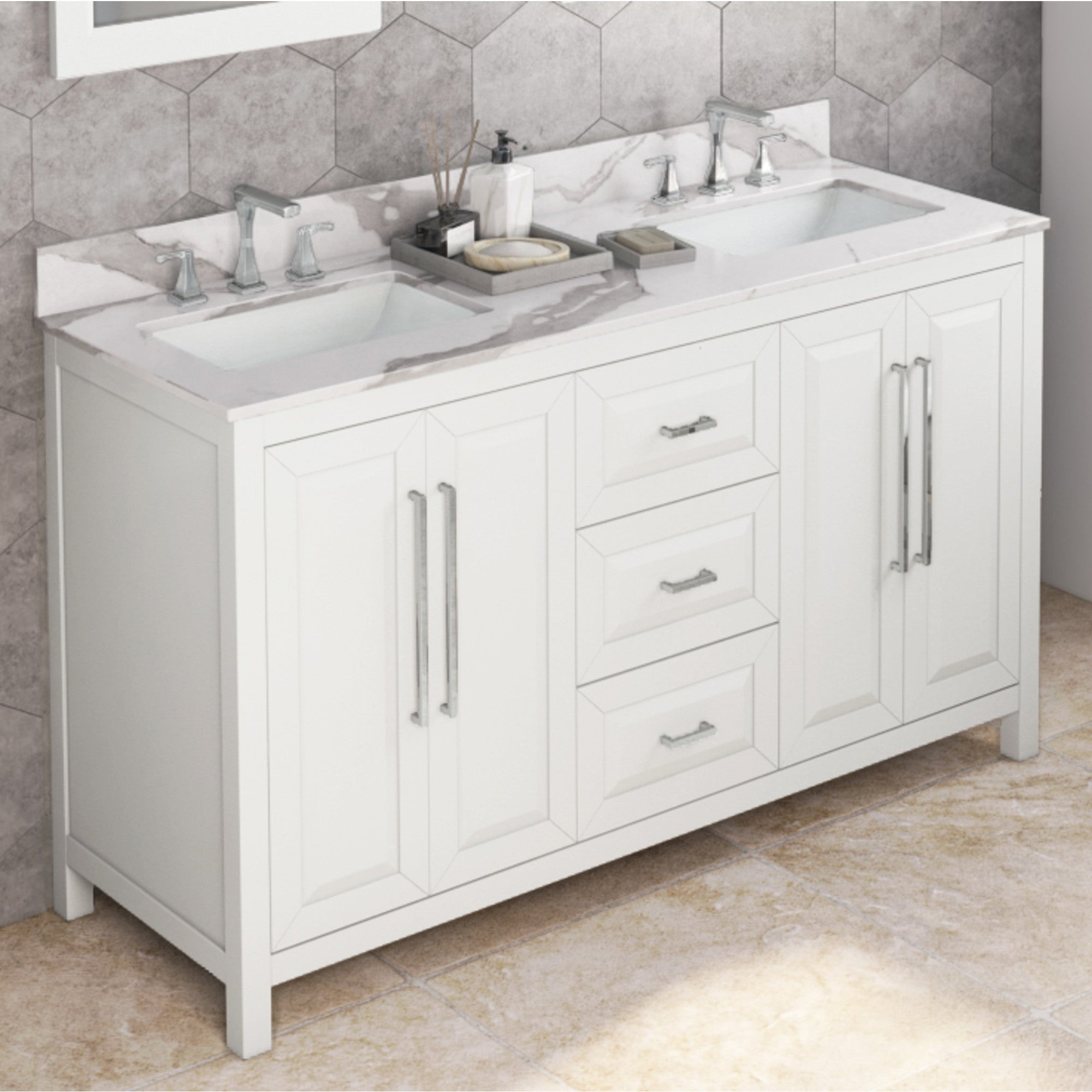 60" White Cade Vanity, double bowl, Calacatta Vienna Quartz Vanity Top, undermount rectangle bowl