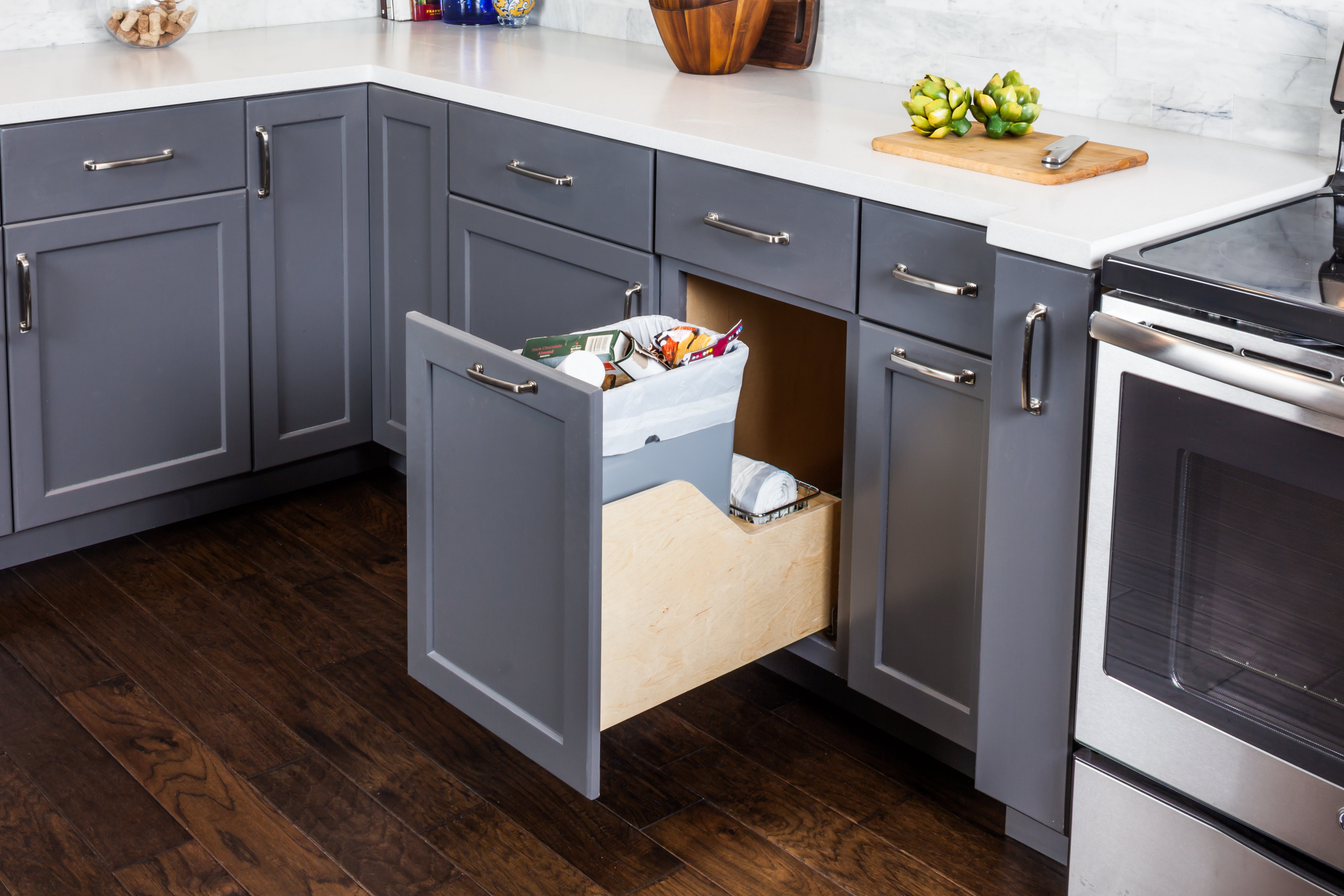 Single 35 Quart Bottom-Mount Soft-close Trashcan Rollout for Door Mounting, Includes Grey Can