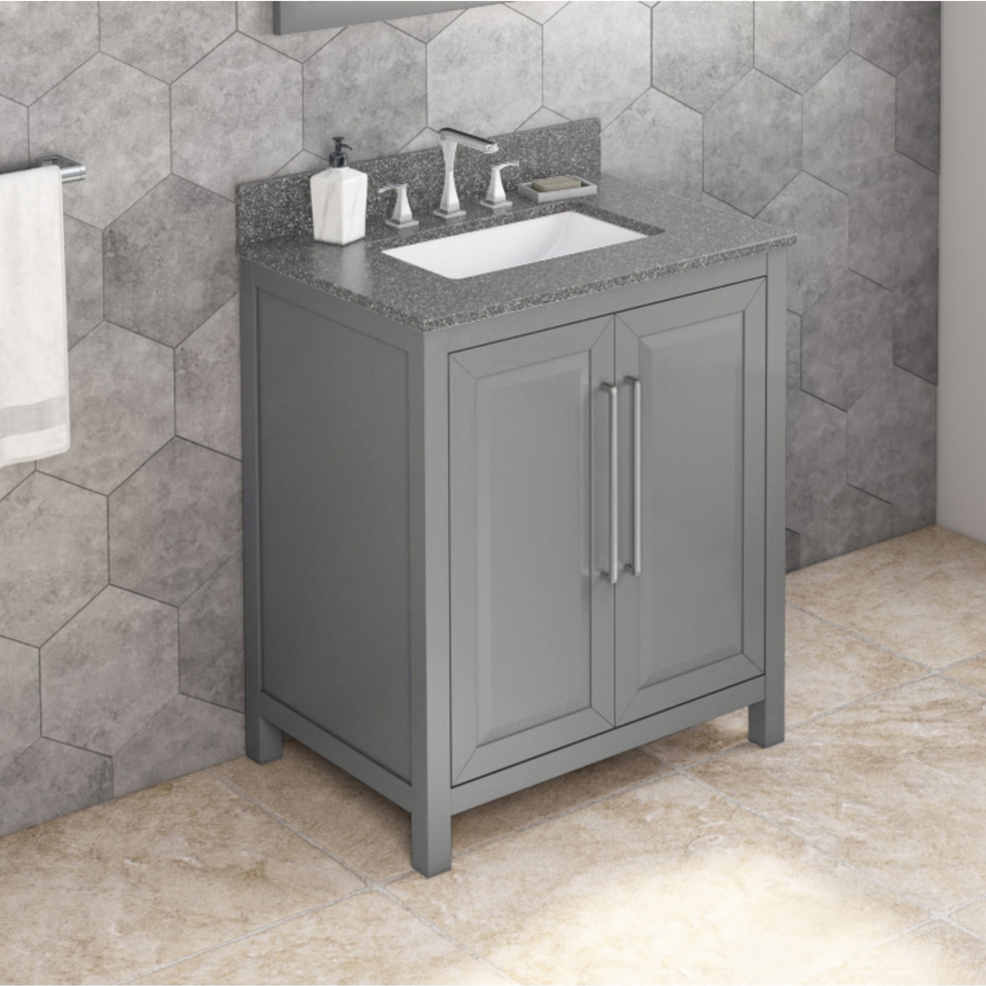 30" Grey Cade Vanity, Boulder Cultured Marble Vanity Top, undermount rectangle bowl