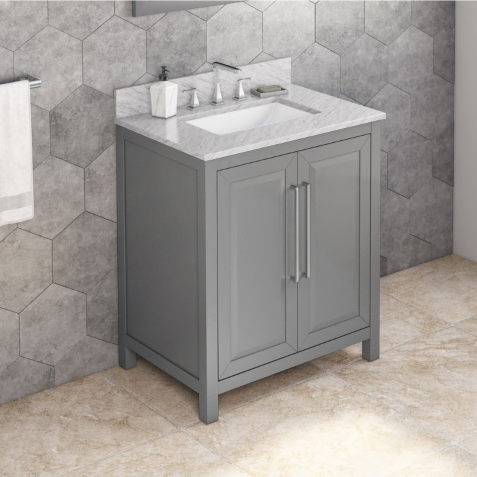 30" Grey Cade Vanity, White Carrara Marble Vanity Top, undermount rectangle bowl