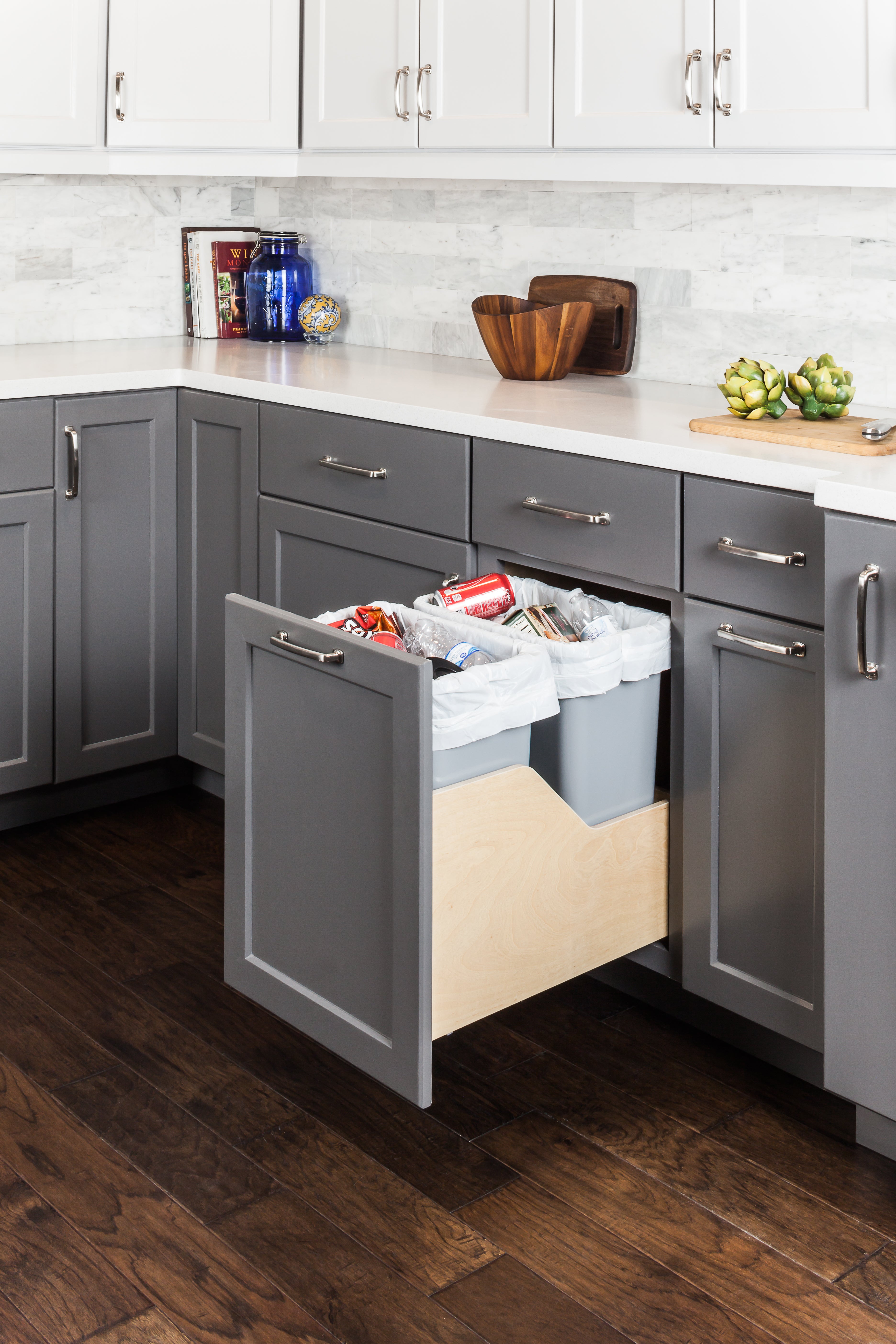 Double 35 Quart Wood Bottom-Mount Soft-close Trashcan Rollout for Door Mounting, Includes Two Grey Cans