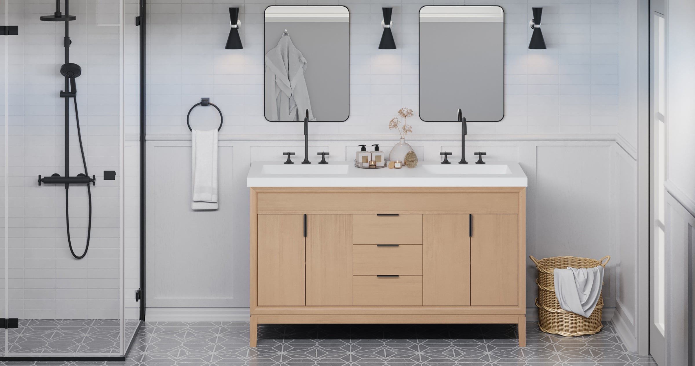 60" Theodora Vanity – Double Bowl – Natural Oak