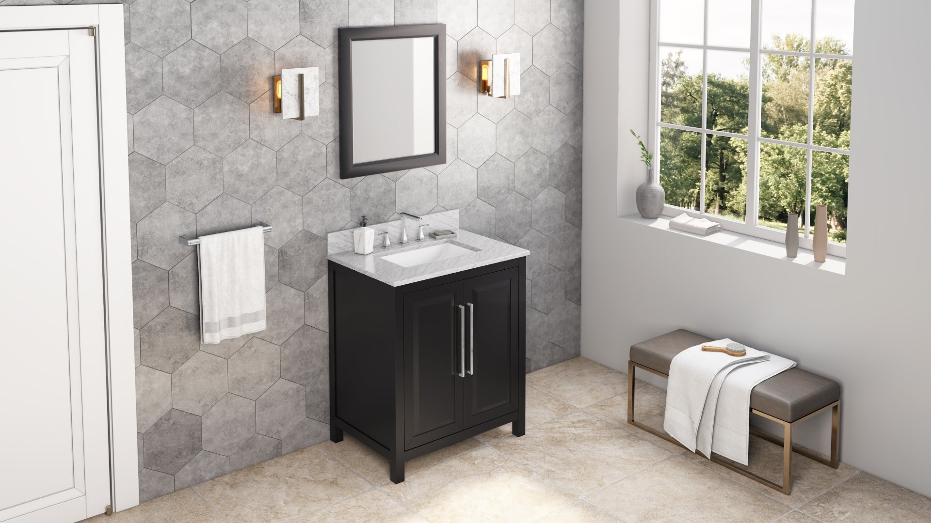 30" Black Cade Vanity, White Carrara Marble Vanity Top, undermount rectangle bowl