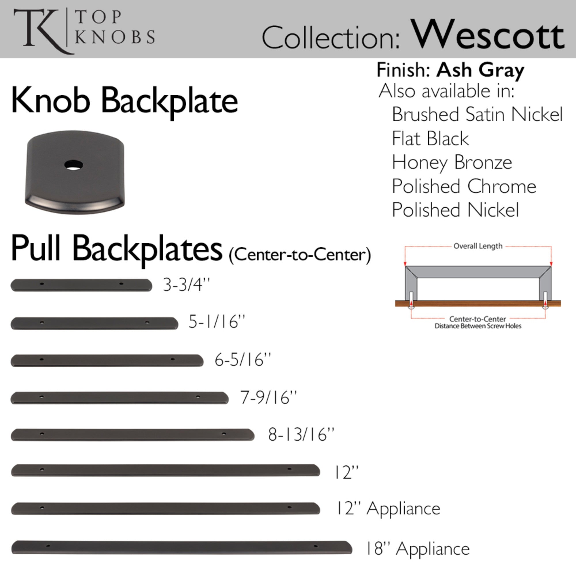 Wescott 8 13/16" Center to Center Pull Backplate - Ash Gray
