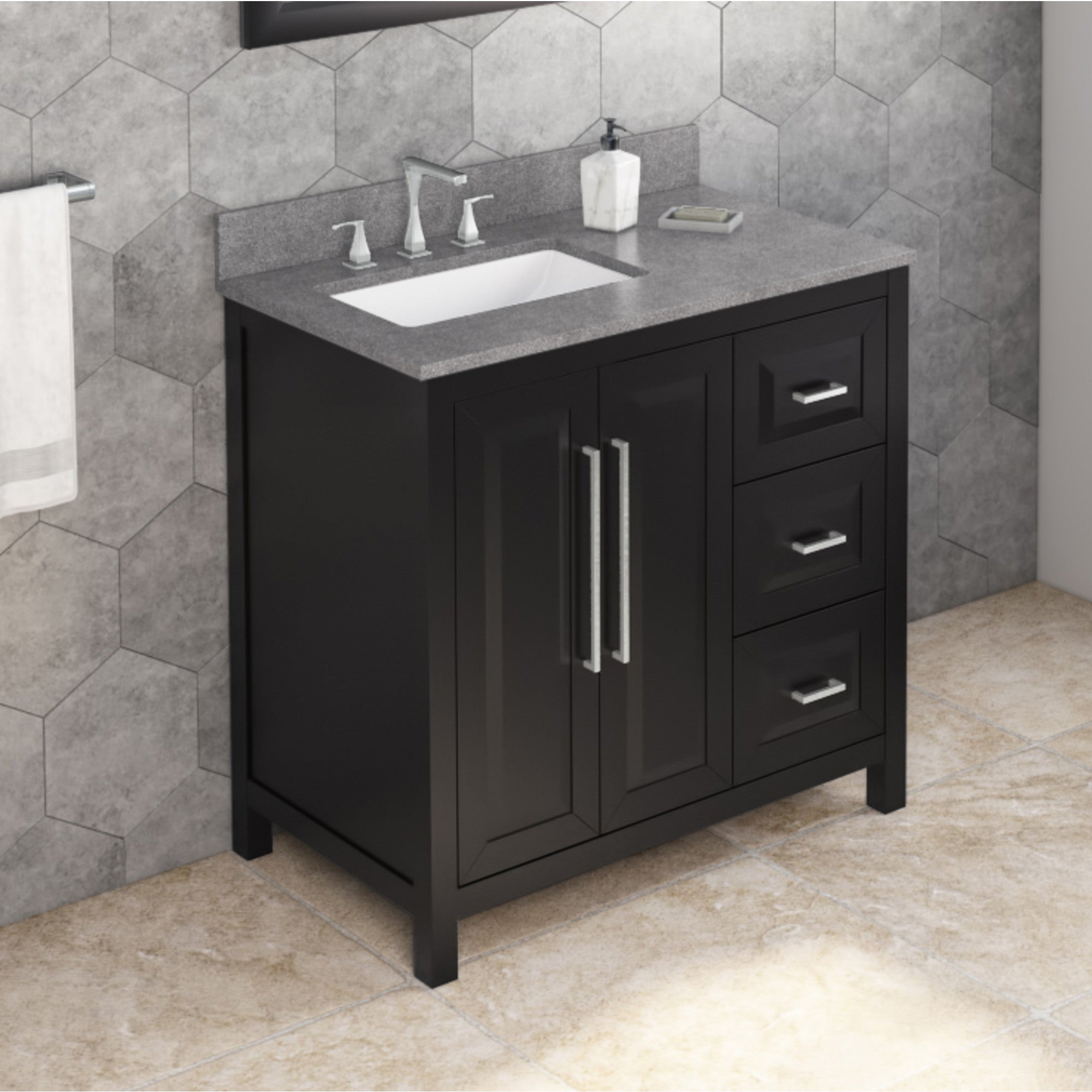 36" Black Cade Vanity, left offset, Steel Grey Cultured Marble Vanity Top, undermount rectangle bowl