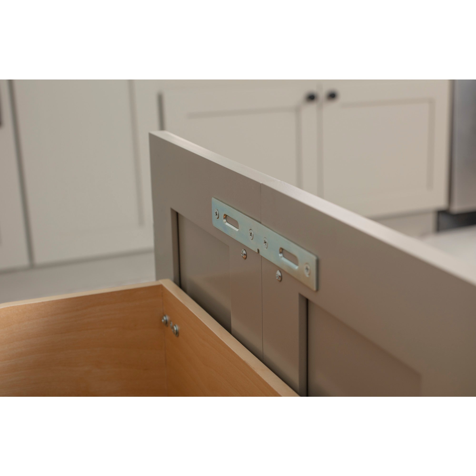 Double 35 Quart Wood Bottom-Mount Soft-close Trashcan Rollout for Door Mounting, Includes Two Grey Cans and Door Joining Bracket