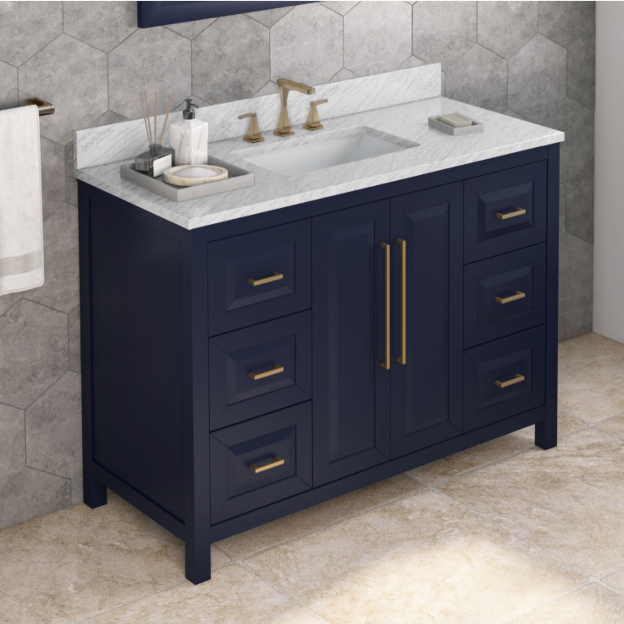 48" Hale Blue Cade Vanity, White Carrara Marble Vanity Top, undermount rectangle bowl