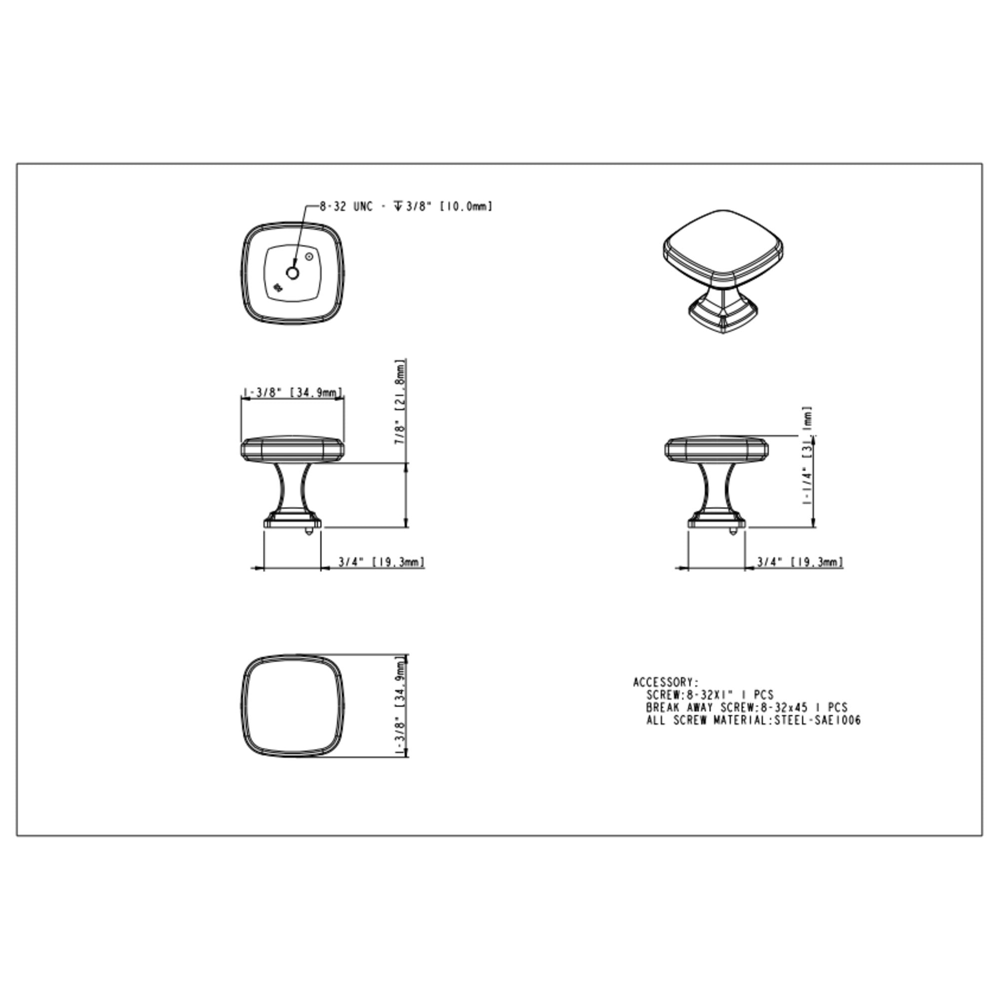 Fontana 1-3/8" Length Square Knob