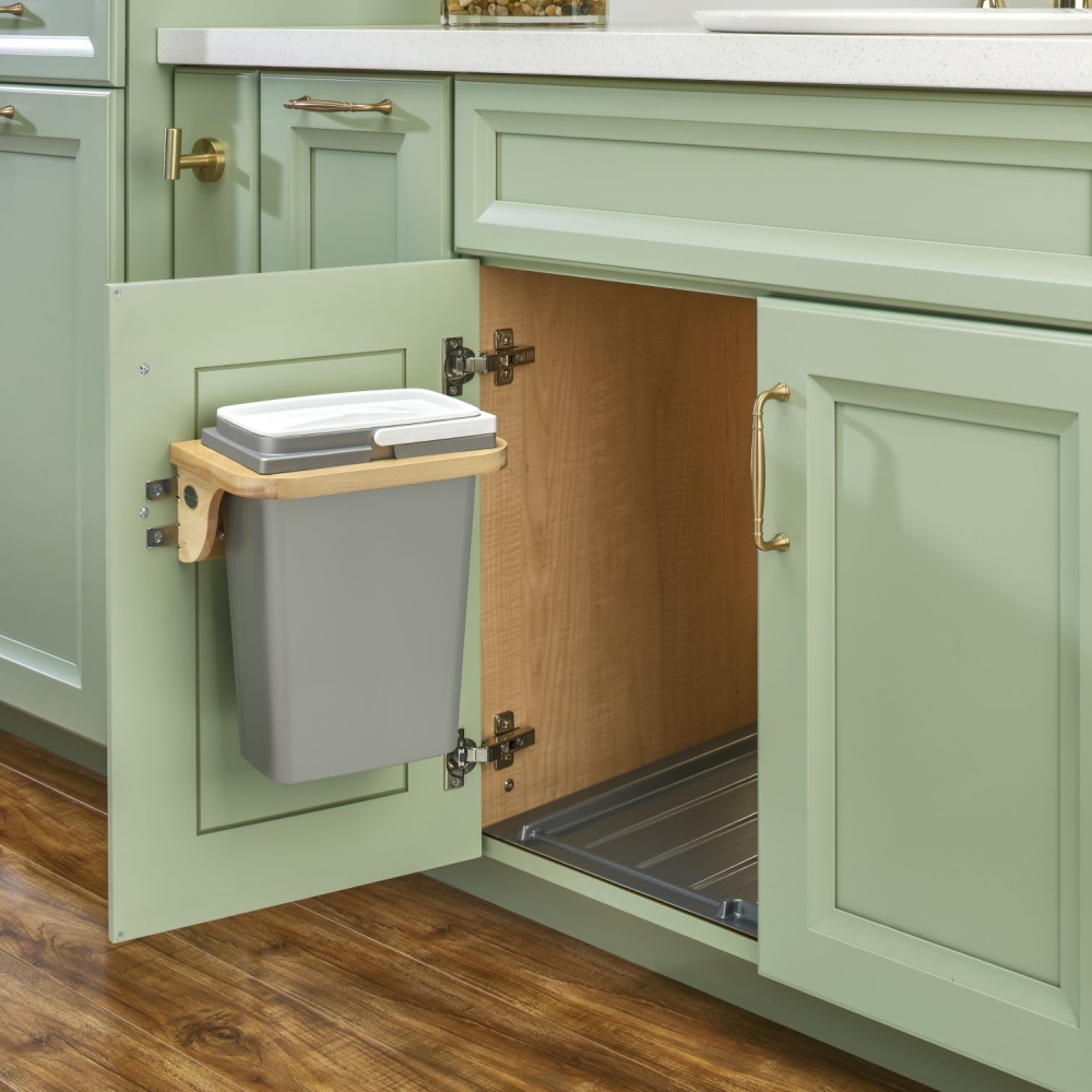 Vanity Cabinet Door Mount Waste Container - Designed for a 30"W cabinet with butt doors, but adaptable to various other cabinet door sizes (see specs).