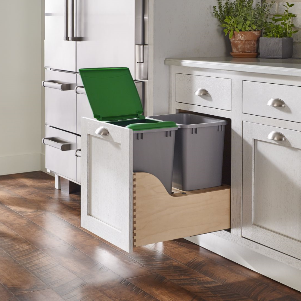 Bottom Mount Maple Pullout w/ Double 35 qt Waste Containers and Blum Soft-Close - Fits a Base 21, includes two silver trash bins, door mount kit not needed