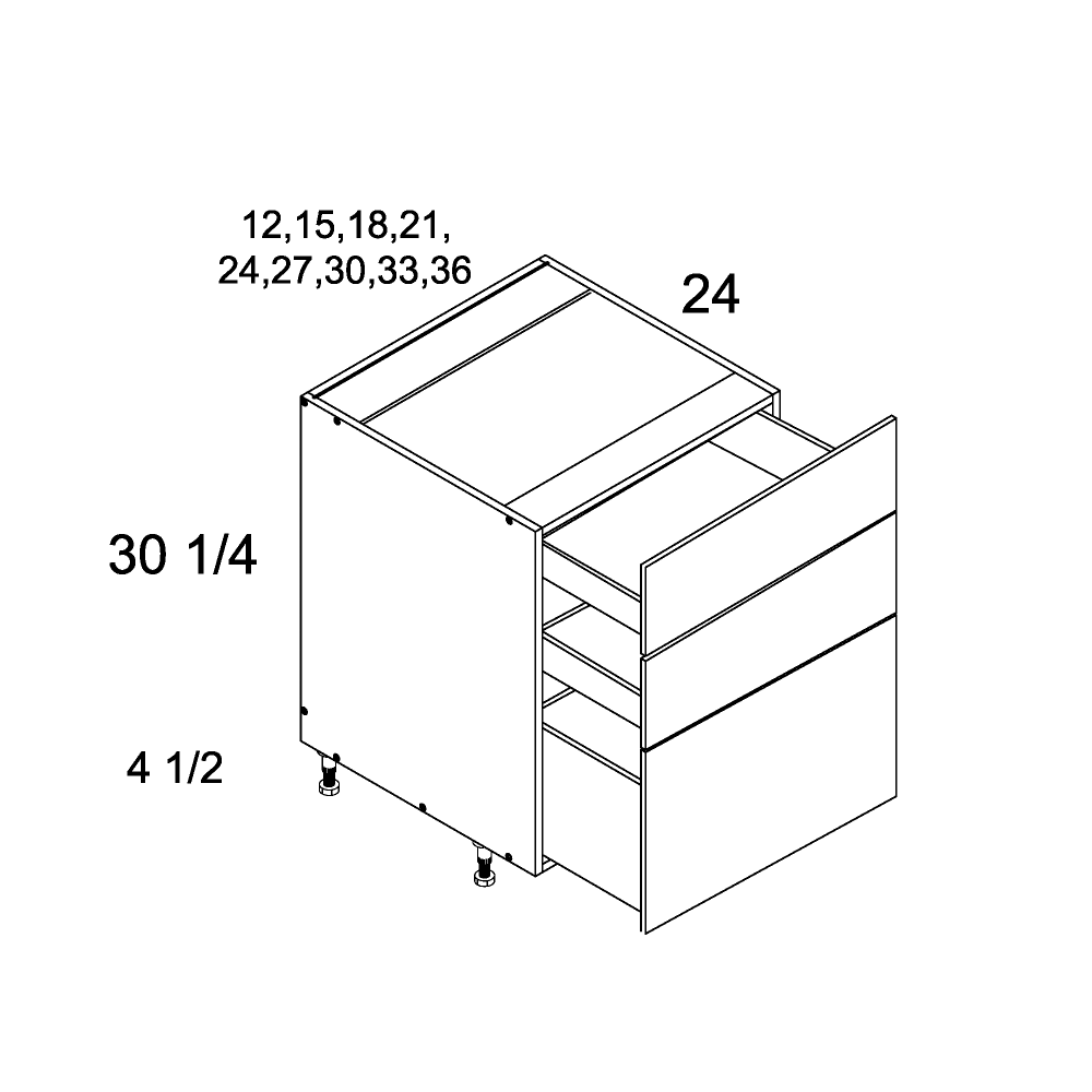 Torino Dark Wood Three Drawer Bases - official cabinet dimensions