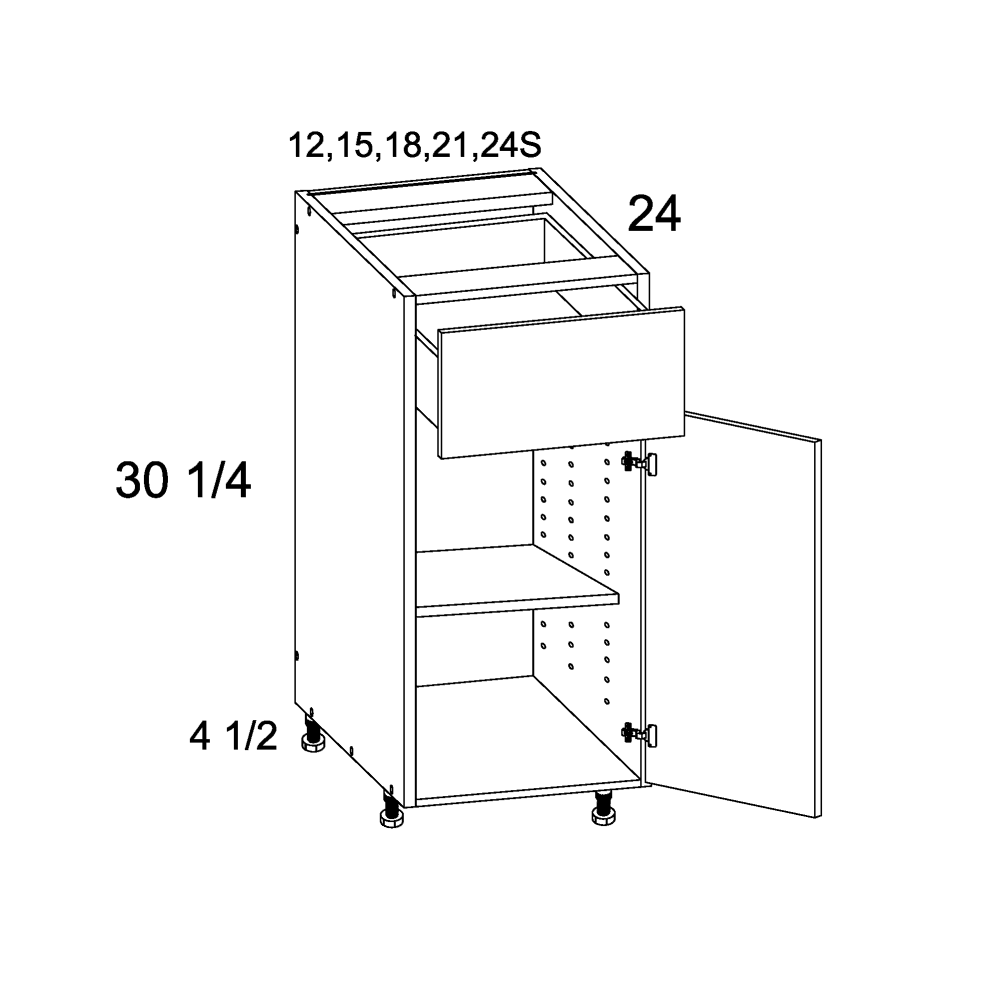 Torino Dark Wood Single Door Single Drawer Bases - official cabinet dimensions
