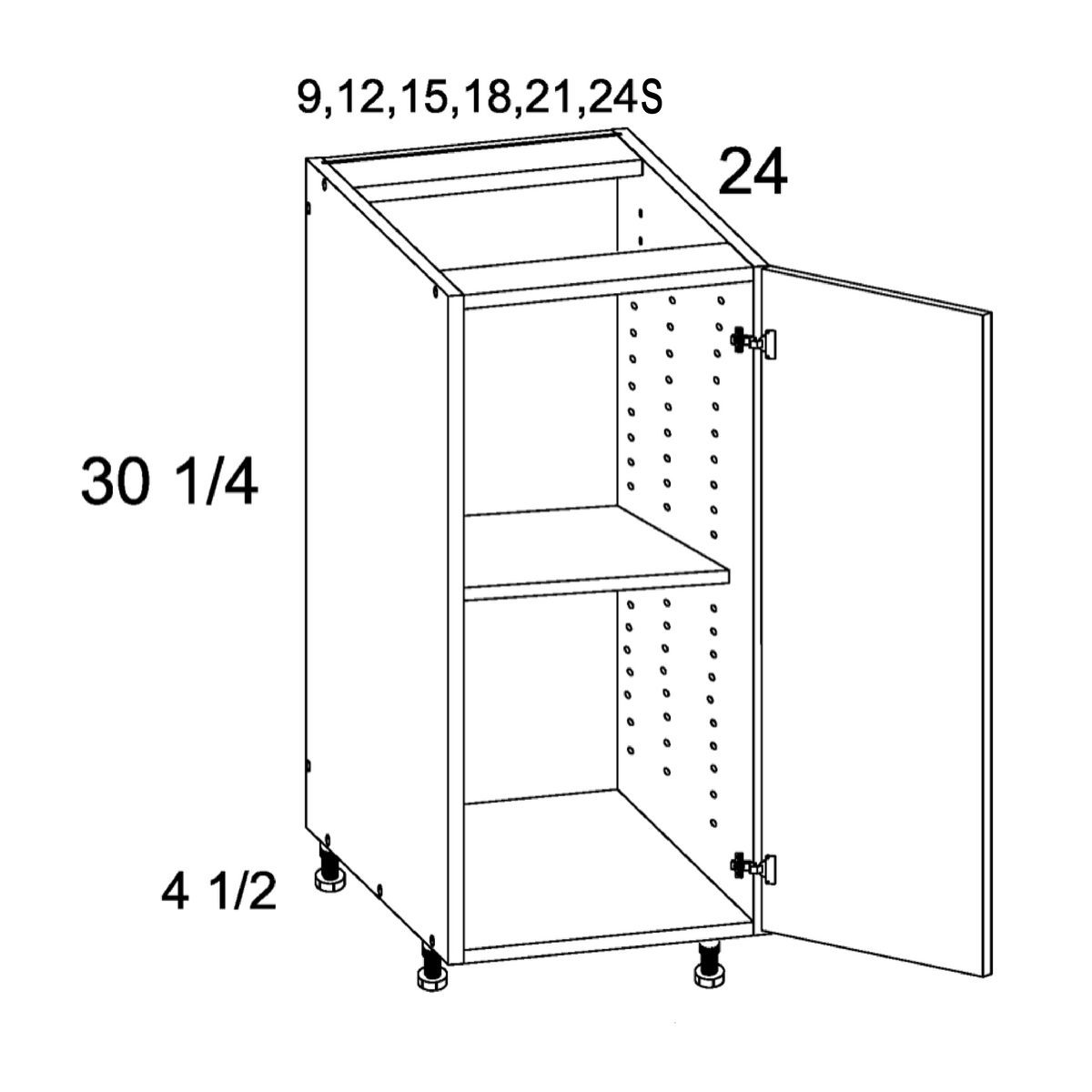 Torino Dark Wood Full Height Single Door Bases - official cabinet dimensions
