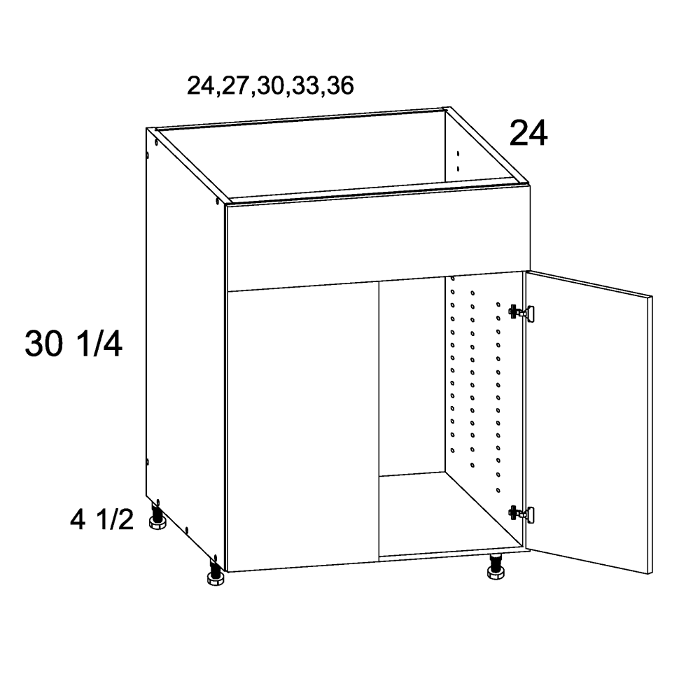 Torino Dark Wood Two Door Single False Drawer Front Sink Base - official cabinet dimensions