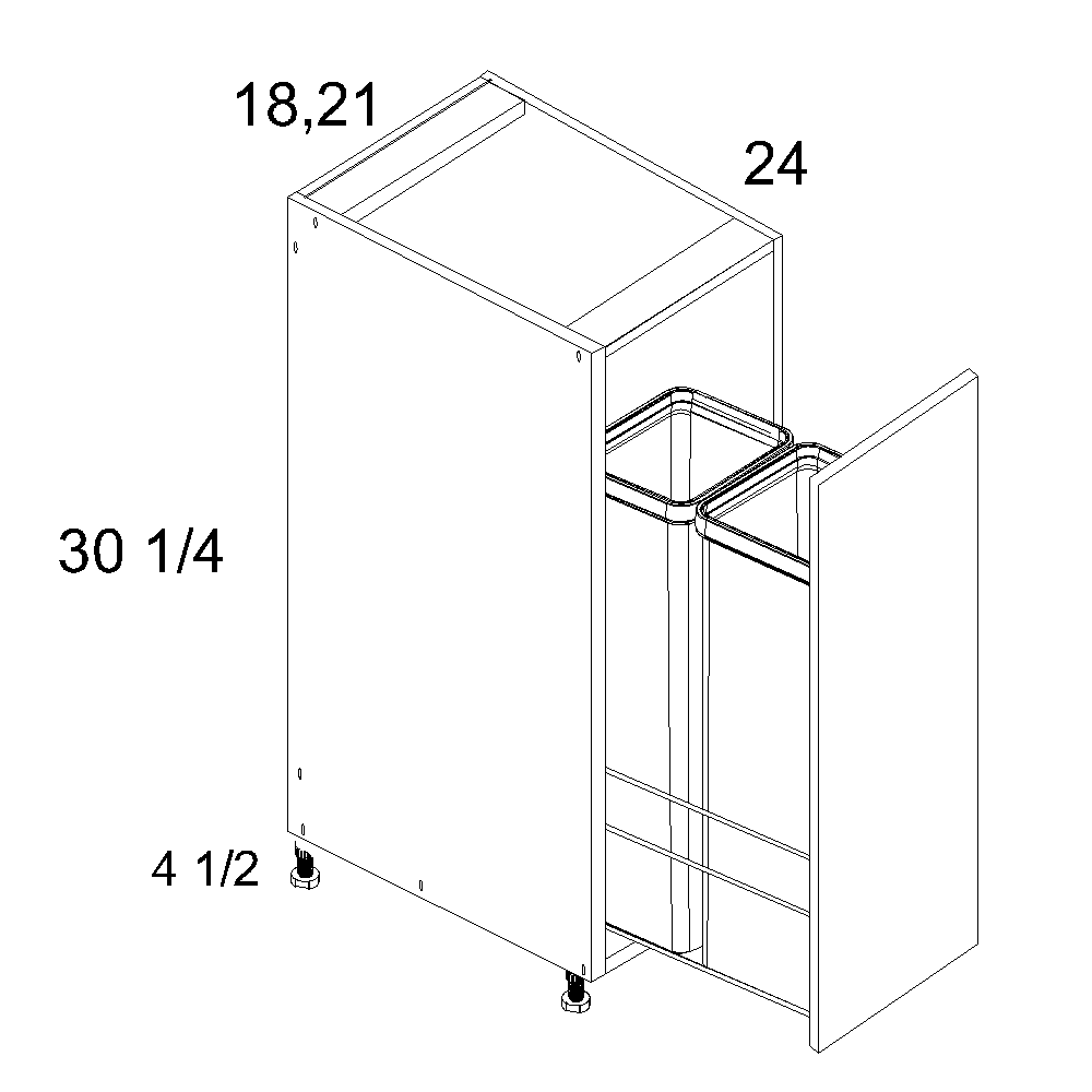 Torino Dark Wood Single Full Height Door Base Kit With Double Trashcan Pullout - official cabinet dimensions