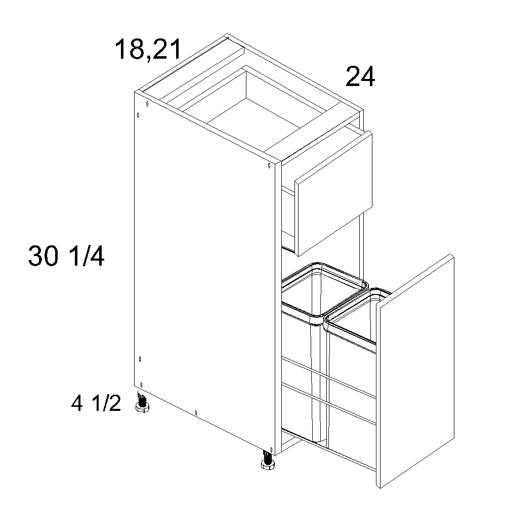 Torino Dark Wood Single Door Single Drawer Base Kit With Double Trashcan Pullout - official cabinet dimensions
