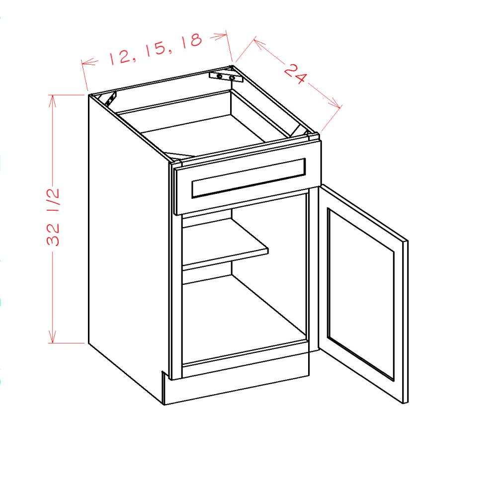 Shaker White ADA-Height Single-Door Base Cabinet - 12, 15 and 18-inch single-door base cabinet dimensions