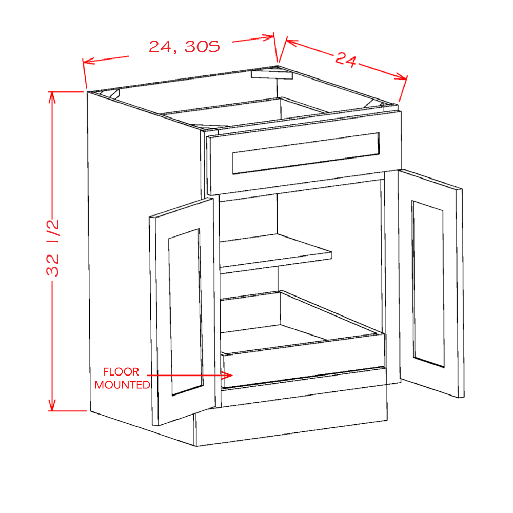 Shaker White ADA-Height Base Cabinet with One Rollout Shelf - 24 and 30-inch double-door one-rollout-shelf base cabinet dimensions