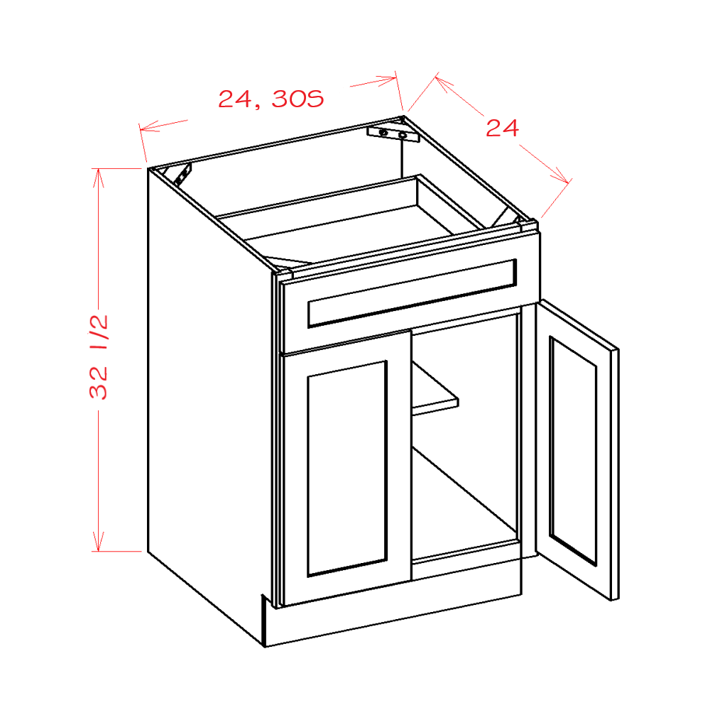 Shaker White ADA-Height Double-Door Single-Drawer Base Cabinet - 24 and 30-inch double-door single-drawer base cabinet dimensions