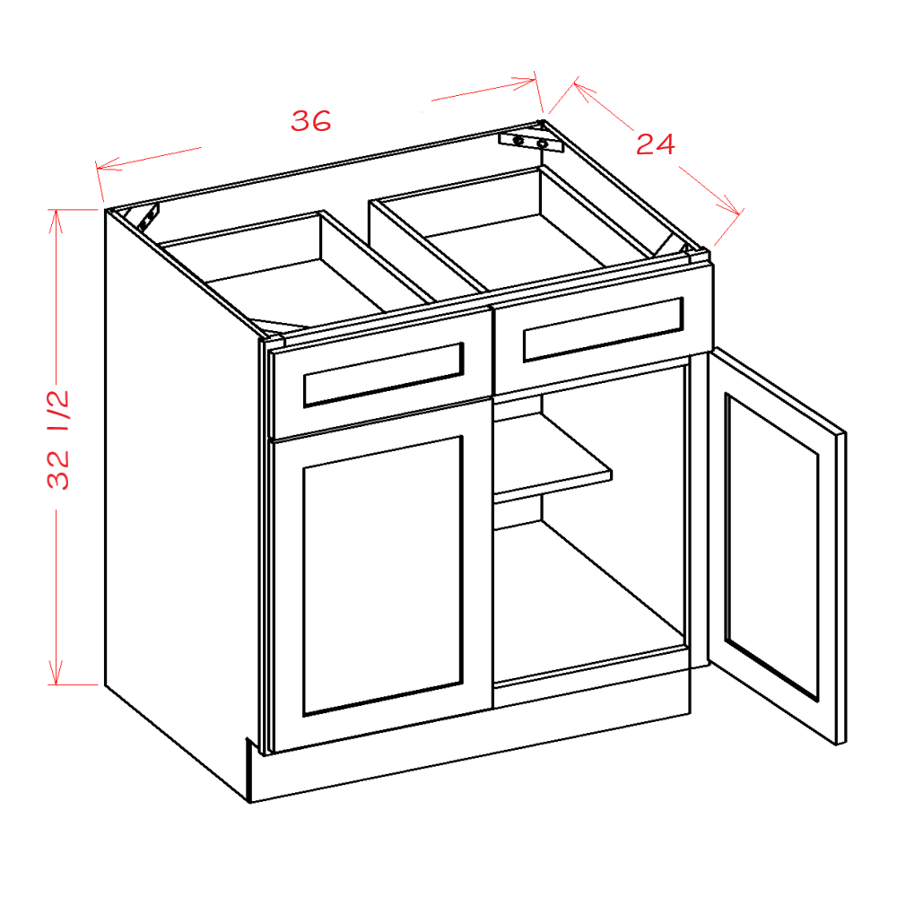 Shaker White 36-inch ADA-Height Double-Drawer Base Cabinet - 36-inch double-door double-drawer base cabinet dimensions