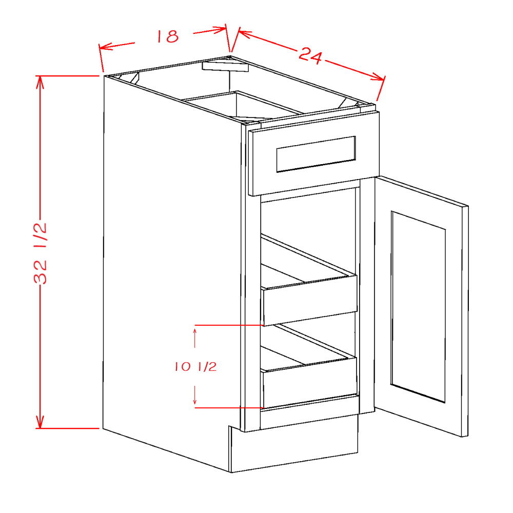 Shaker White ADA-Height Base Cabinet with Two Rollout Shelves - 18-inch single-door two-rollout-shelf base cabinet dimensions