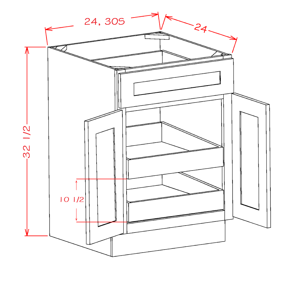 Shaker White ADA-Height Base Cabinet with Two Rollout Shelves - 24 and 30-inch double-door two-rollout-shelf base cabinet dimensions