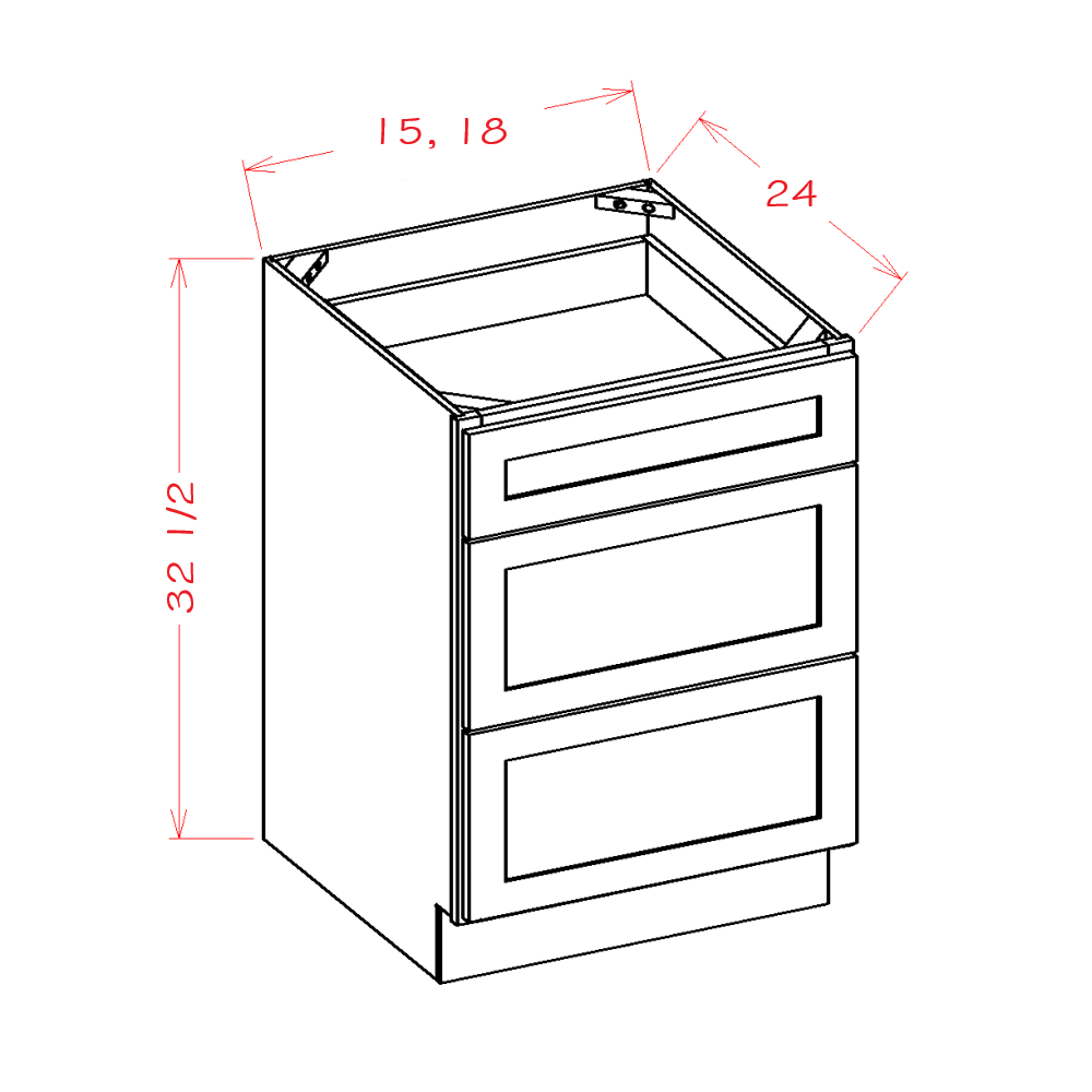 Shaker White ADA-Height Three-Drawer Base Cabinet - 15 and 18-inch three-drawer base cabinet dimensions
