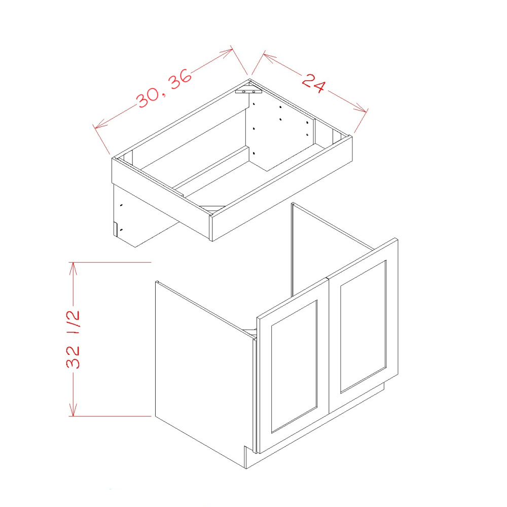 Shaker White ADA-Height Sink Base Cabinet - 30 and 36-inch sink base cabinet dimensions