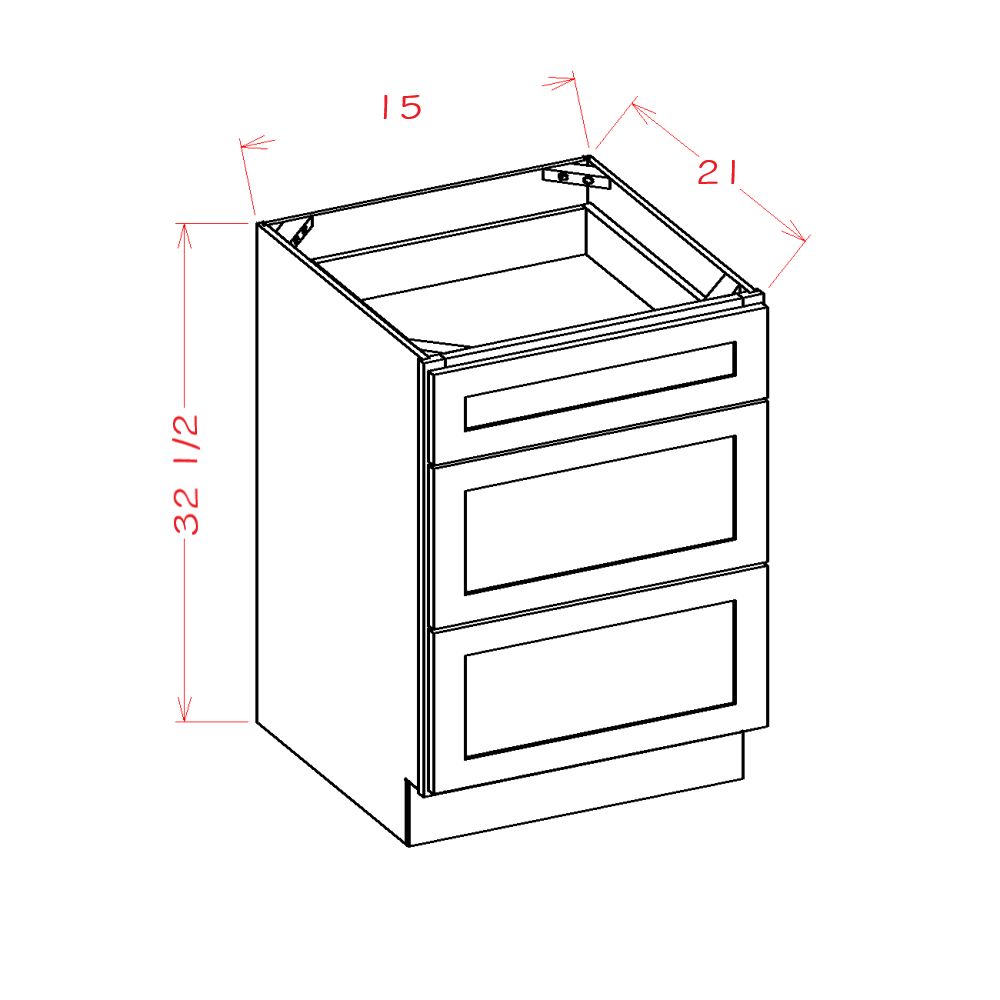 Shaker White 15-inch ADA-Height Vanity Drawer Base Cabinet - 15-inch three-drawer vanity base cabinet dimensions