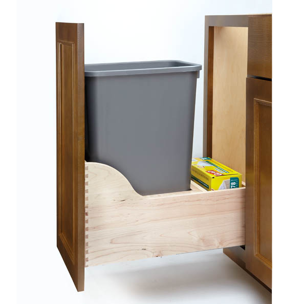 Bottom Mount Maple Pullout w/ Single 35 qt Waste Container and Blum Soft-Close - Fits a Base 15, includes one silver trash bin, door mount kit not needed
