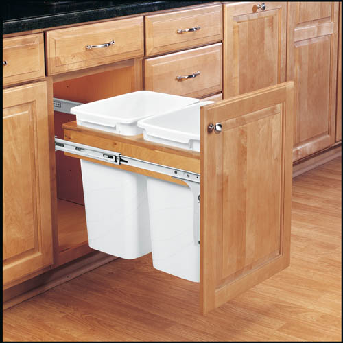 Top Mount Maple Pullout w/ Single 35 qt Waste Container and Ball Bearing Soft-Close - Fits a Base 15, includes one white trash bin, door mount kit not needed