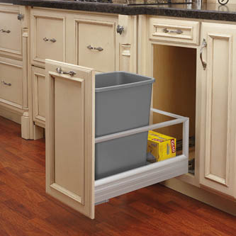 Bottom Mount Aluminum Pullout w/ Single 35 qt Waste Container and Rev-A-Motion Slides - Fits a Base 15, includes one silver trash bin, door mount kit not needed