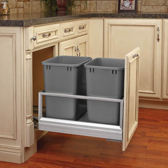 Bottom Mount Aluminum Pullout w/ Double 35 qt Waste Containers and Rev-A-Motion Slides - Fits a Base 18, includes two silver trash bins, door mount kit not needed
