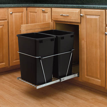 Bottom Mount Wire Pullout w/ Double 35 qt Waste Containers - Fits a Base 18, includes two black trash bins, door mount kit sold separately