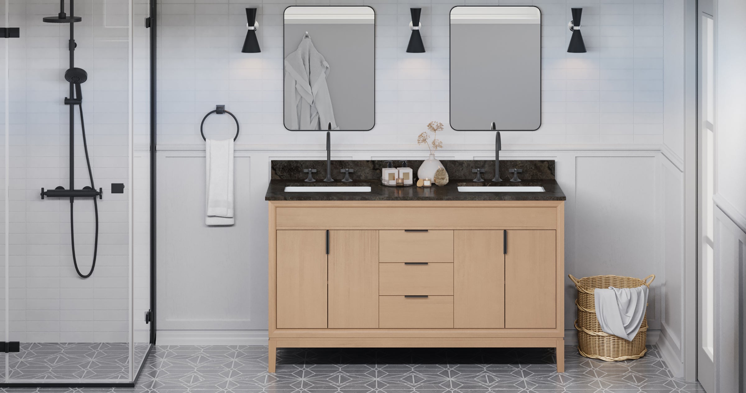 60" Theodora Vanity – Double Bowl – Natural Oak