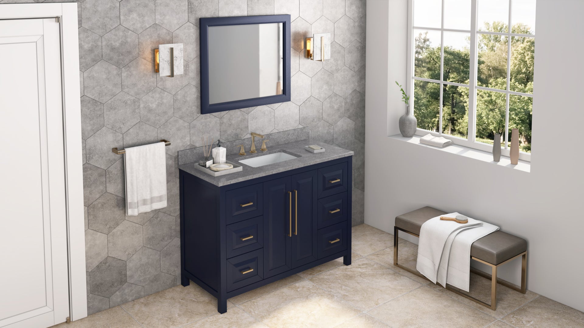 48" Hale Blue Cade Vanity, Steel Grey Cultured Marble Vanity Top, undermount rectangle bowl