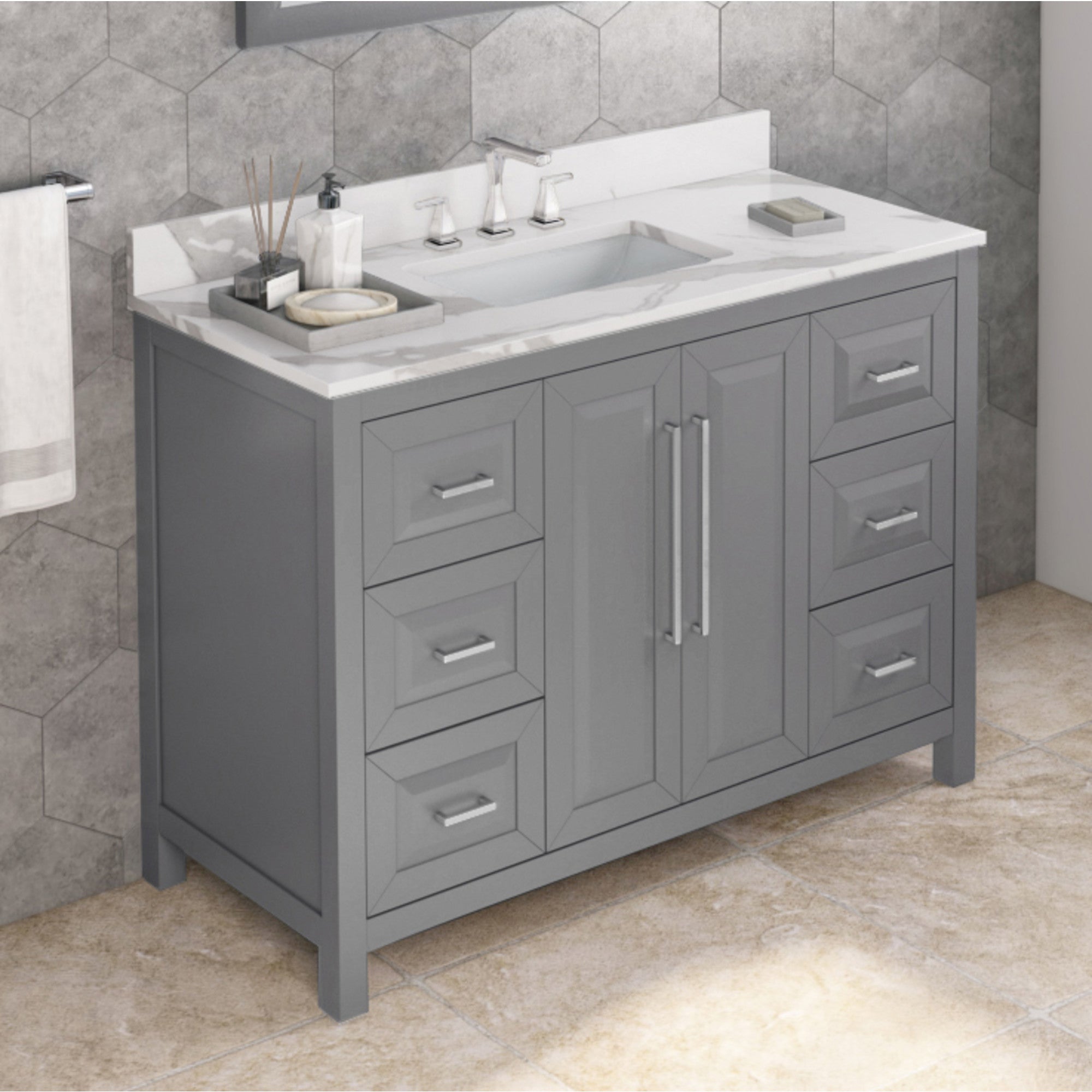 48" Grey Cade Vanity, Calacatta Vienna Quartz Vanity Top, undermount rectangle bowl