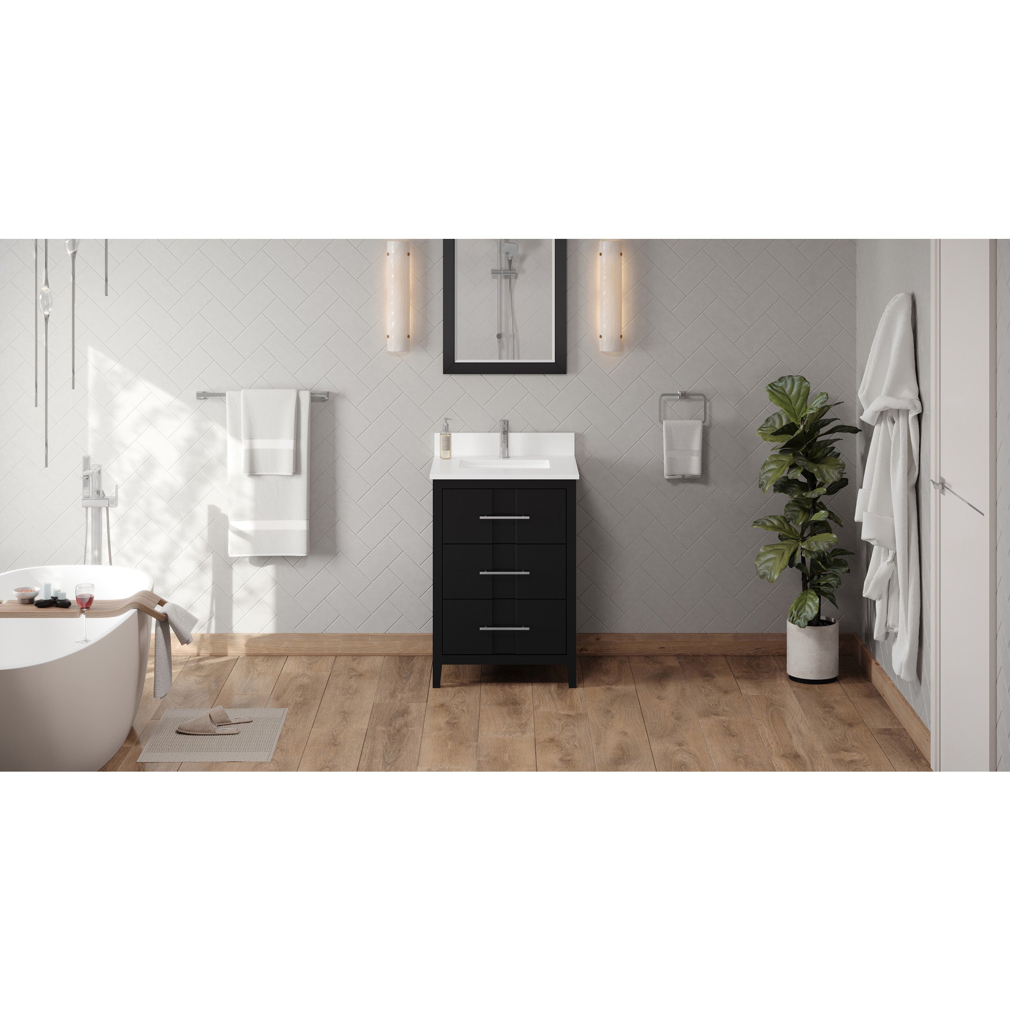 24" Black Katara Vanity, White Quartz Vanity Top, undermount rectangle bowl