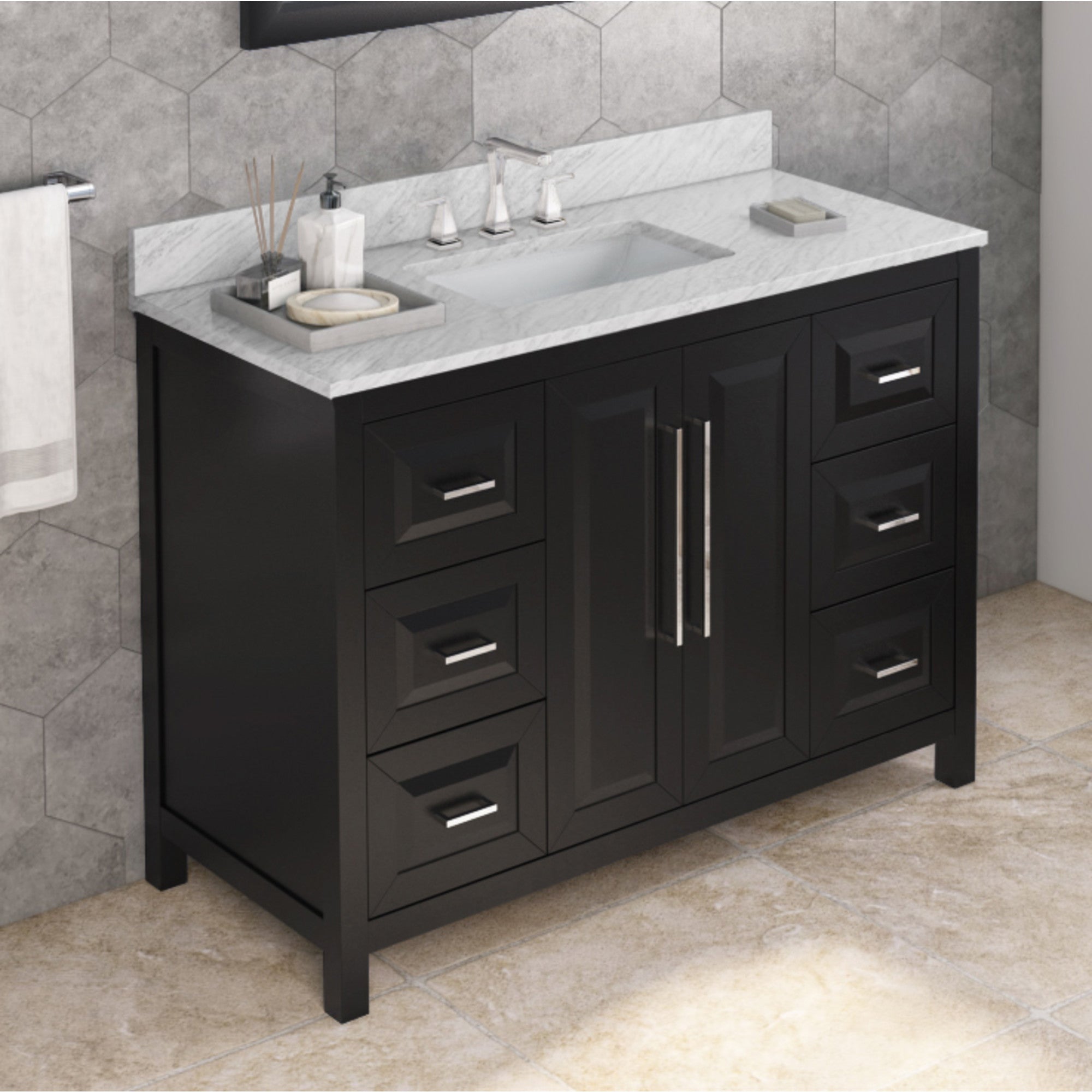 48" Black Cade Vanity, White Carrara Marble Vanity Top, undermount rectangle bowl