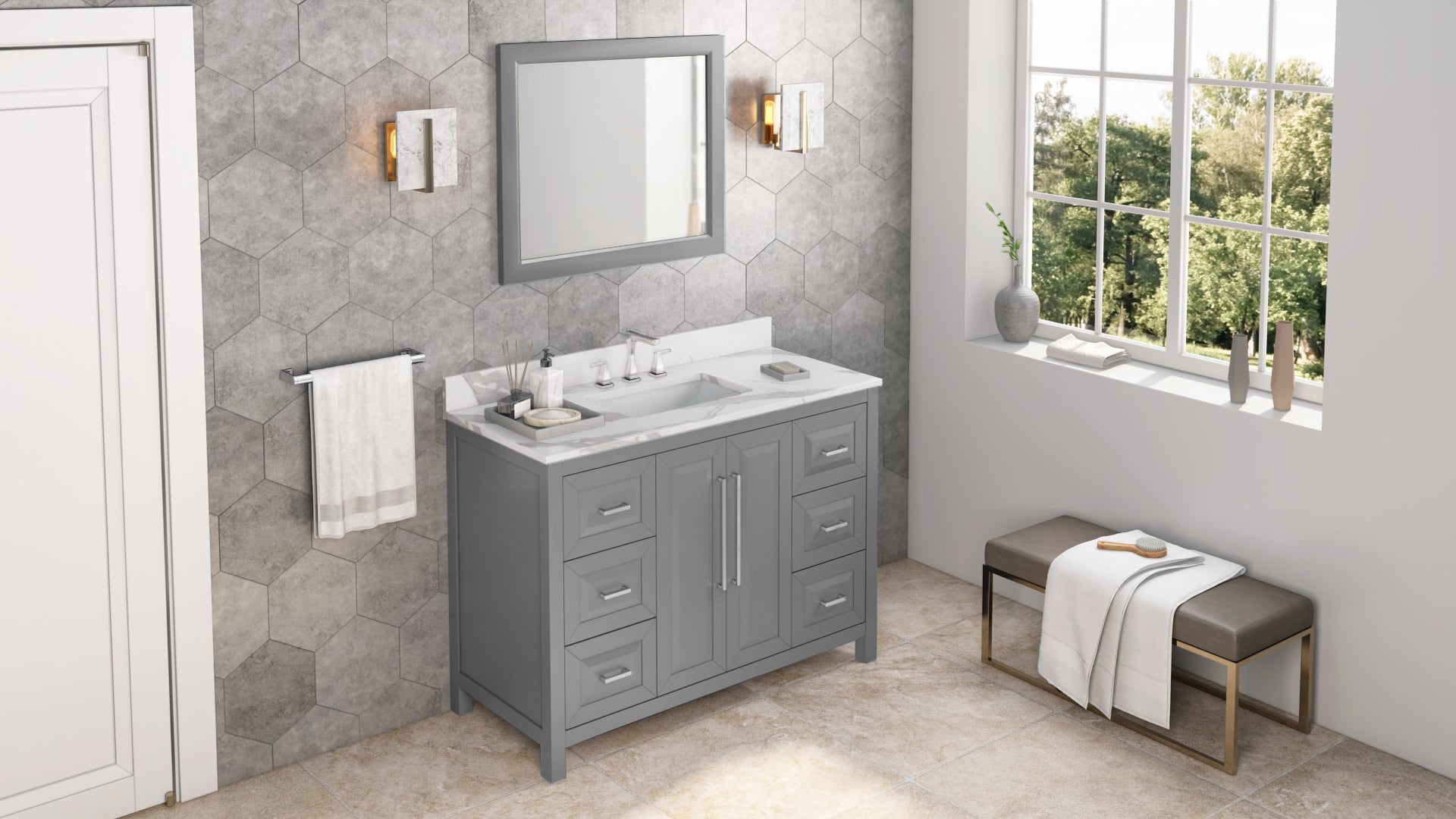 48" Grey Cade Vanity, Calacatta Vienna Quartz Vanity Top, undermount rectangle bowl