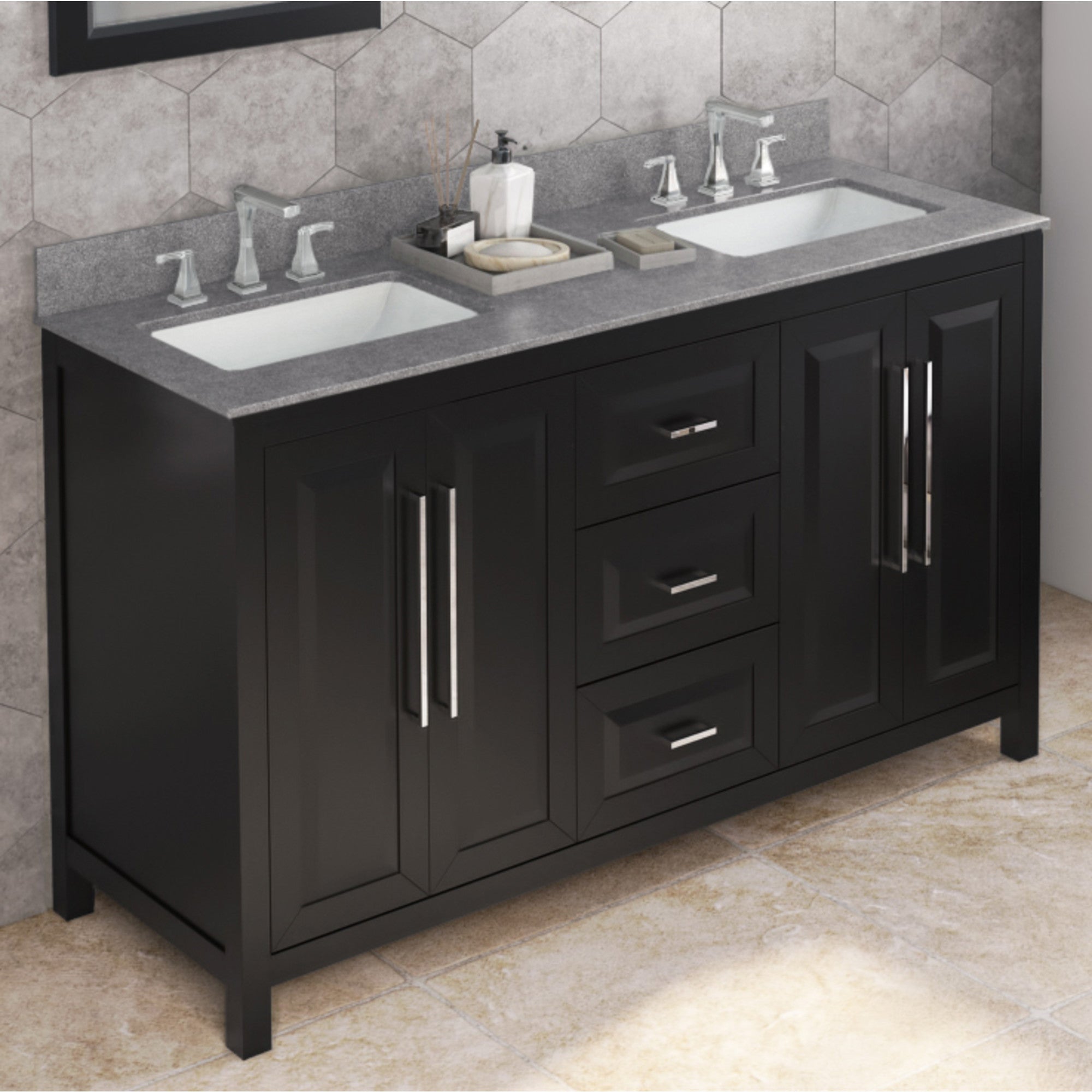 60" Black Cade Vanity, double bowl, Steel Grey Cultured Marble Vanity Top, two undermount rectangle bowls