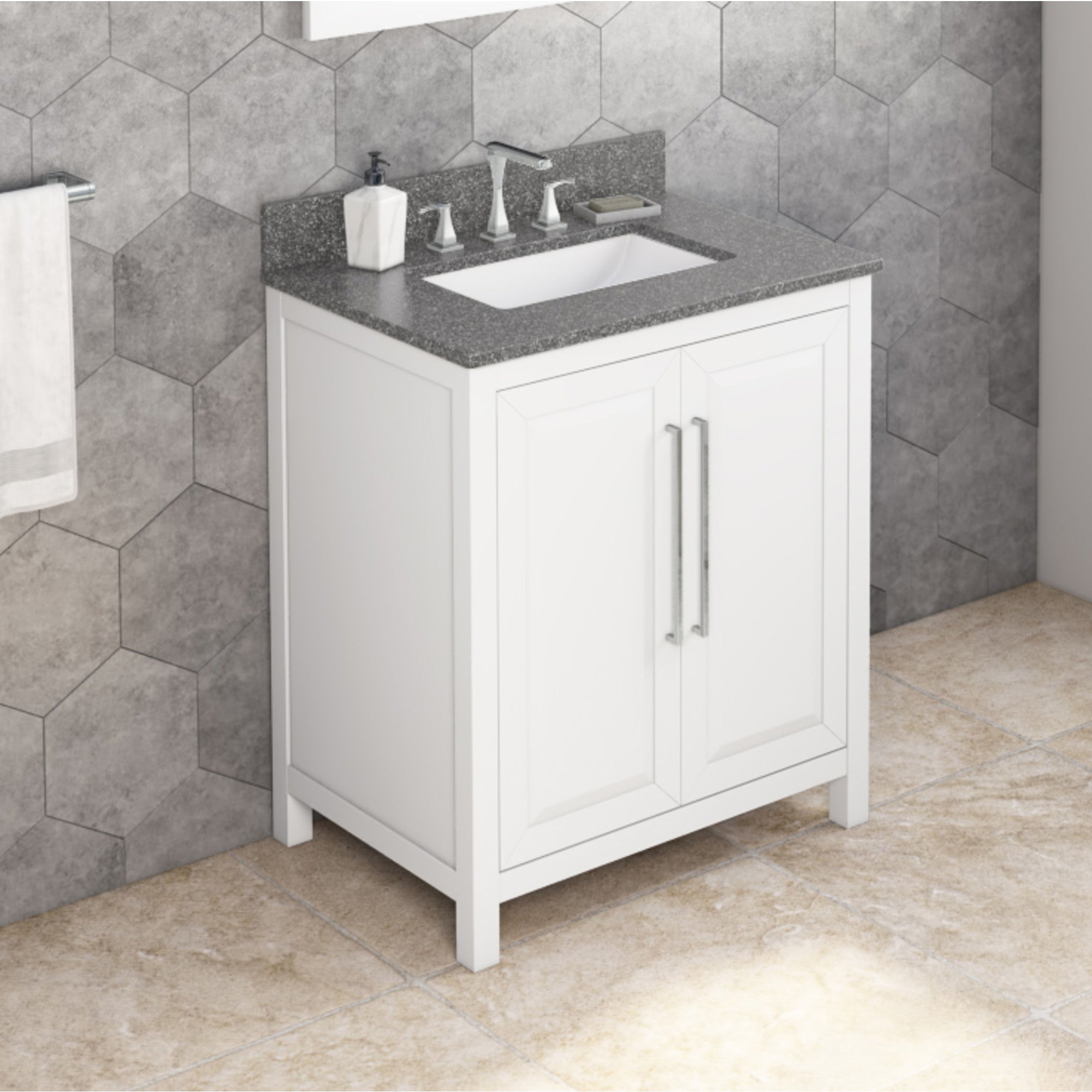 30" White Cade Vanity, Boulder Cultured Marble Vanity Top, undermount rectangle bowl