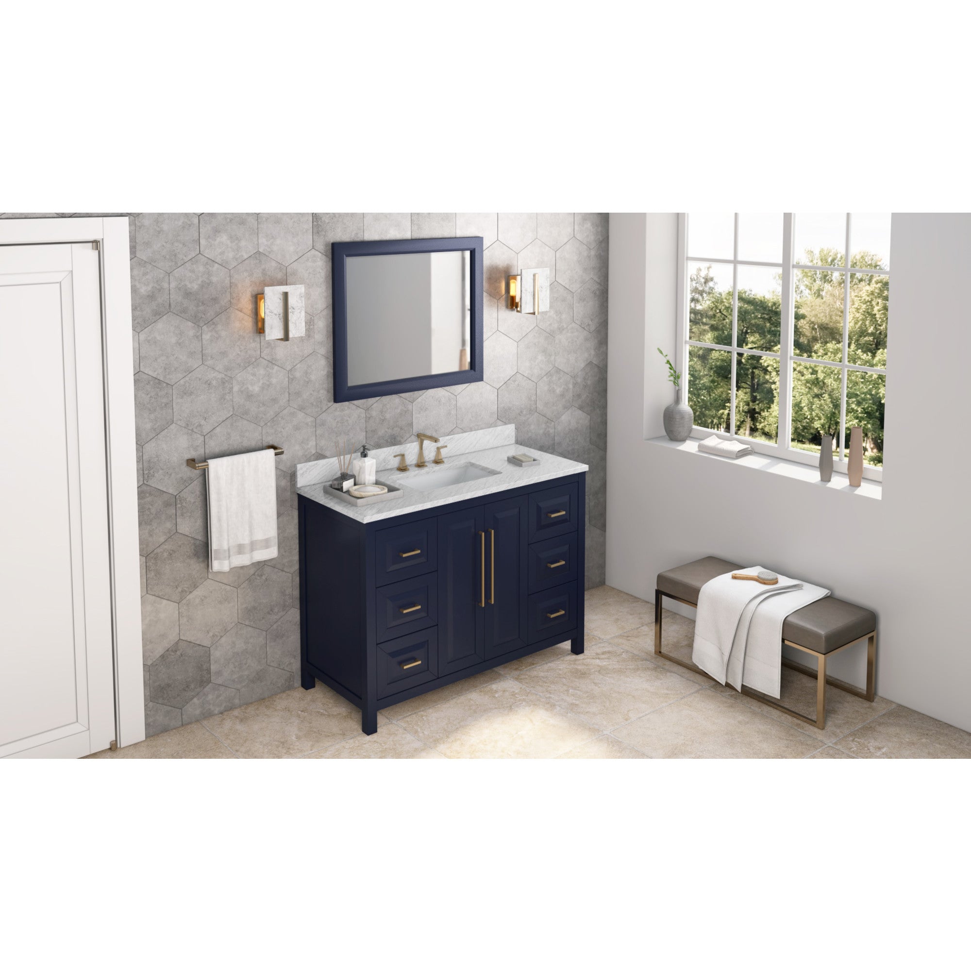 48" Hale Blue Cade Vanity, White Carrara Marble Vanity Top, undermount rectangle bowl