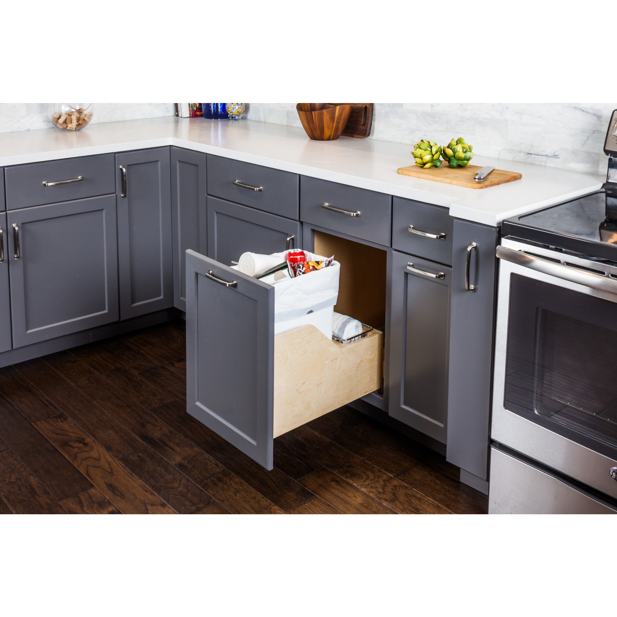 Single 35 Quart Wood Bottom-Mount Soft-close Trashcan Rollout for Door Mounting, Includes One White Can