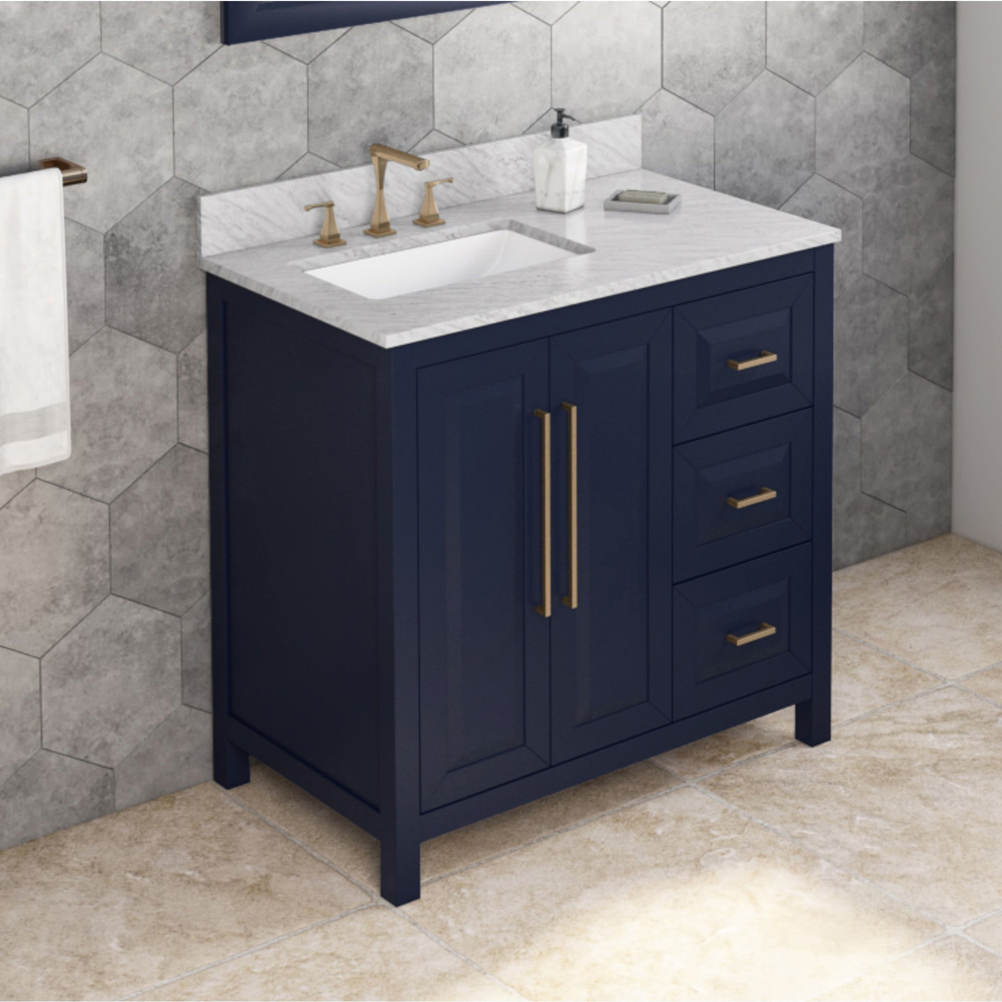 36" Hale Blue Cade Vanity, left offset, White Carrara Marble Vanity Top, undermount rectangle bowl