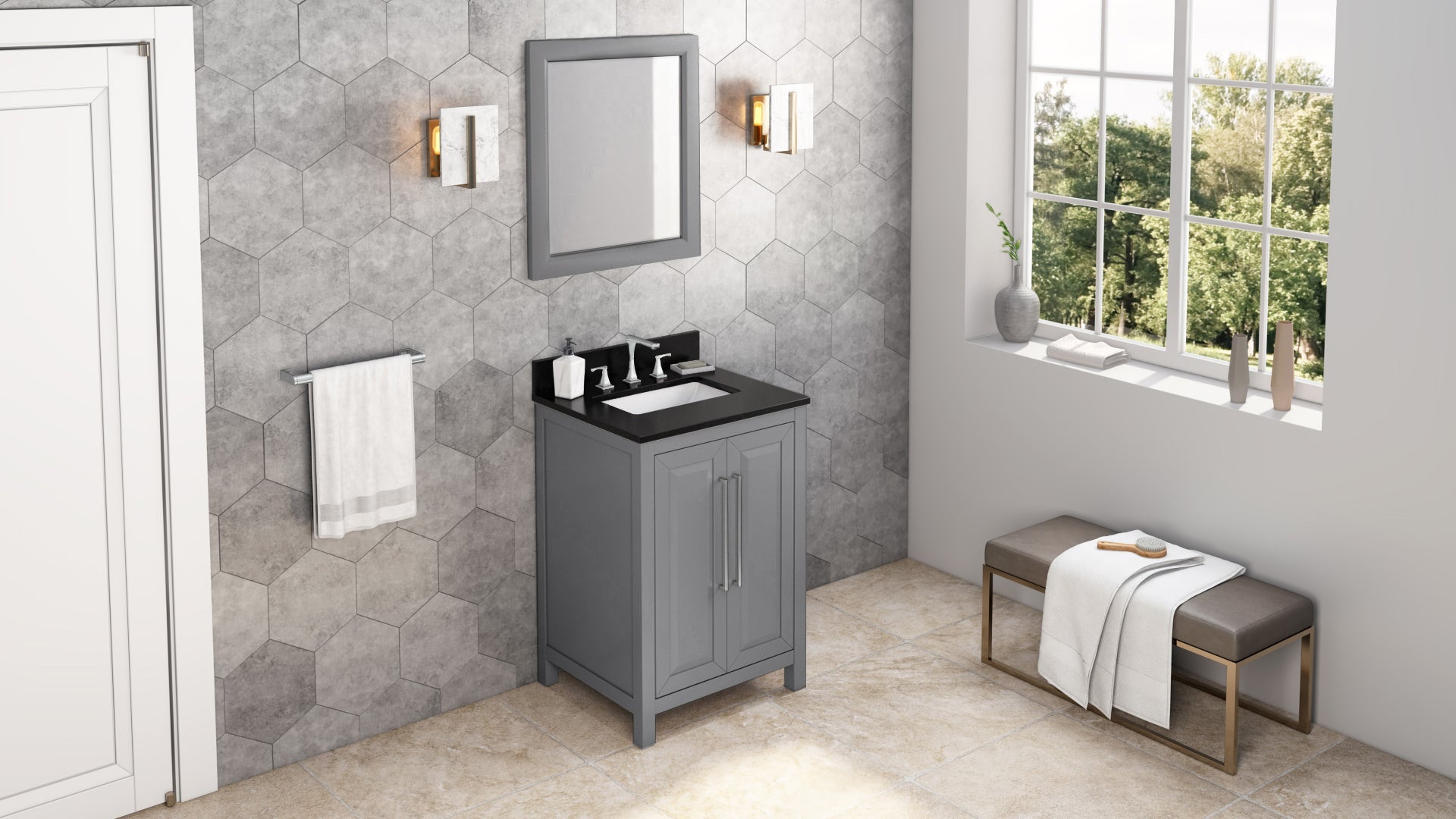 24" Grey Cade Vanity, Black Granite Vanity Top, undermount rectangle bowl