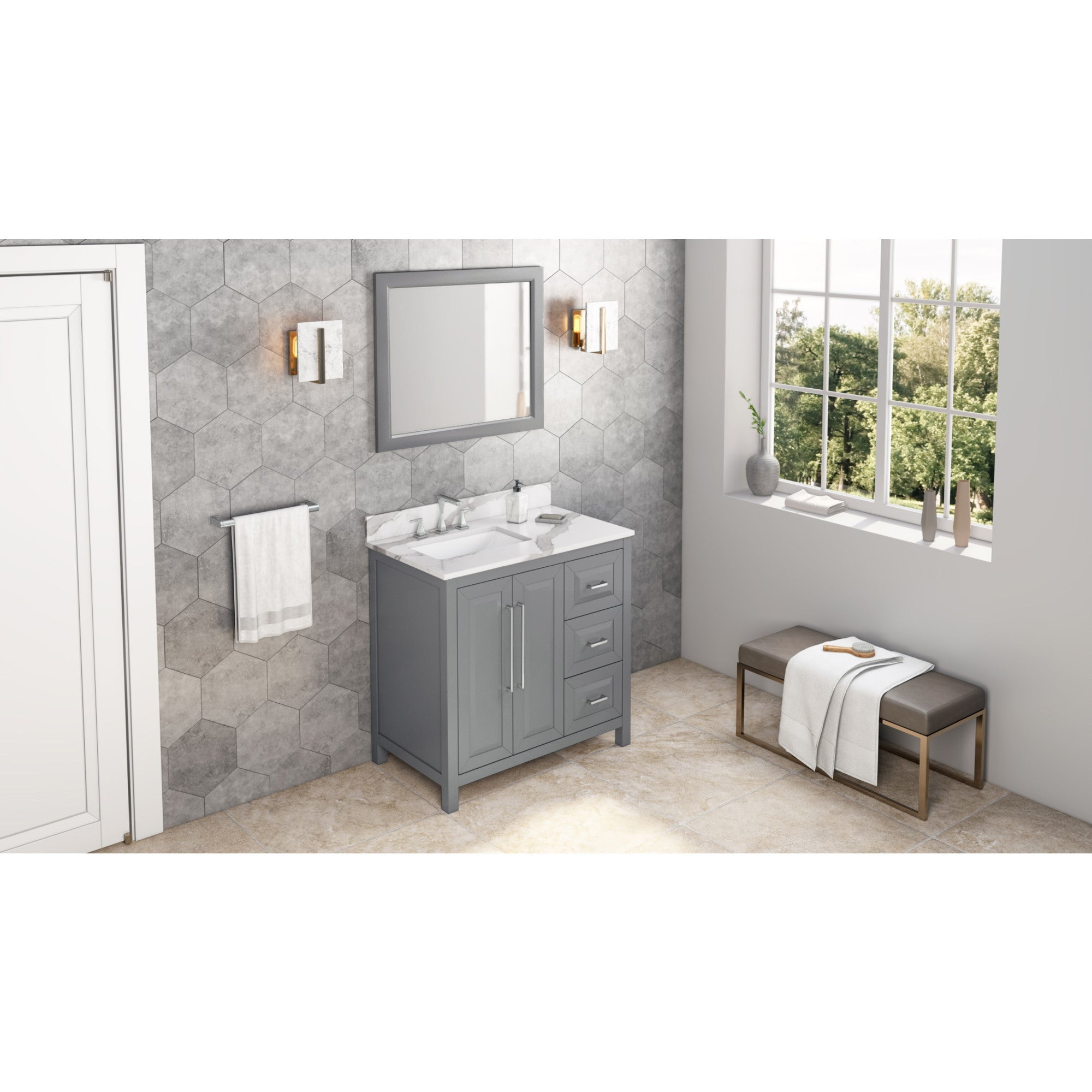 36" Cade Vanity – Left Offset - Grey - Calacatta Vienna Quartz