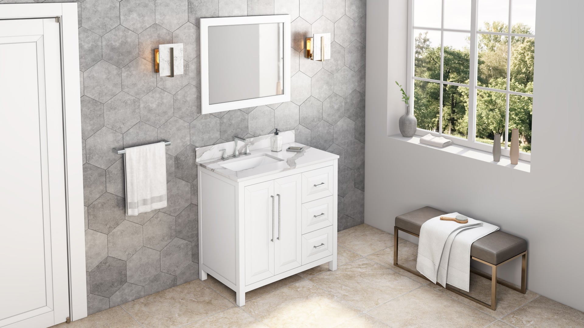 36" White Cade Vanity, left offset, Calacatta Vienna Quartz Vanity Top, undermount rectangle bowl